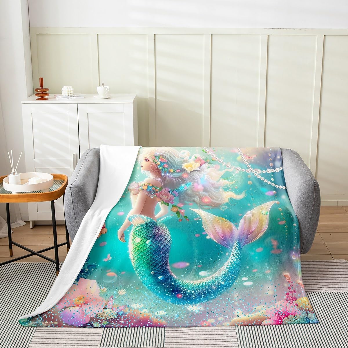 Mermaid Fleece Blanket,Fantasy Blue Starry Moon Sky Glitter Bed Blanket for Kids Teens,Dreamy Animal Ocean Waves Rock Flannel Blanket for Room Decor,Queen 90"x90"