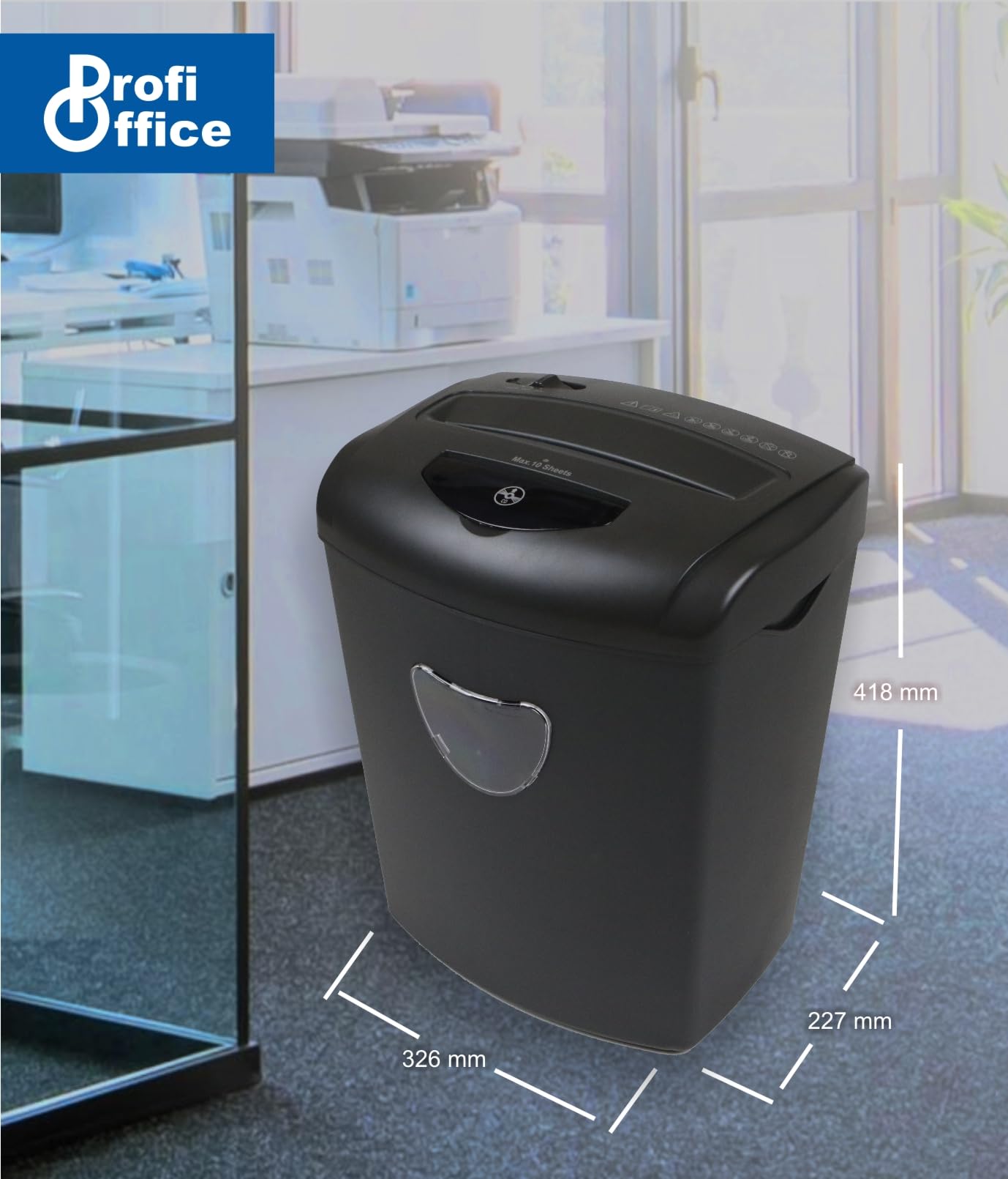 Niszczarka do dokumentów Premium Home Office ProfiOffice Piranha 10CD – cięcie krzyżowe 10 arkuszy jednocześnie, poziom bezpieczeństwa zgodny z P4 RODO, niszczy płyty CD i karty kredytowe w dodatkowym