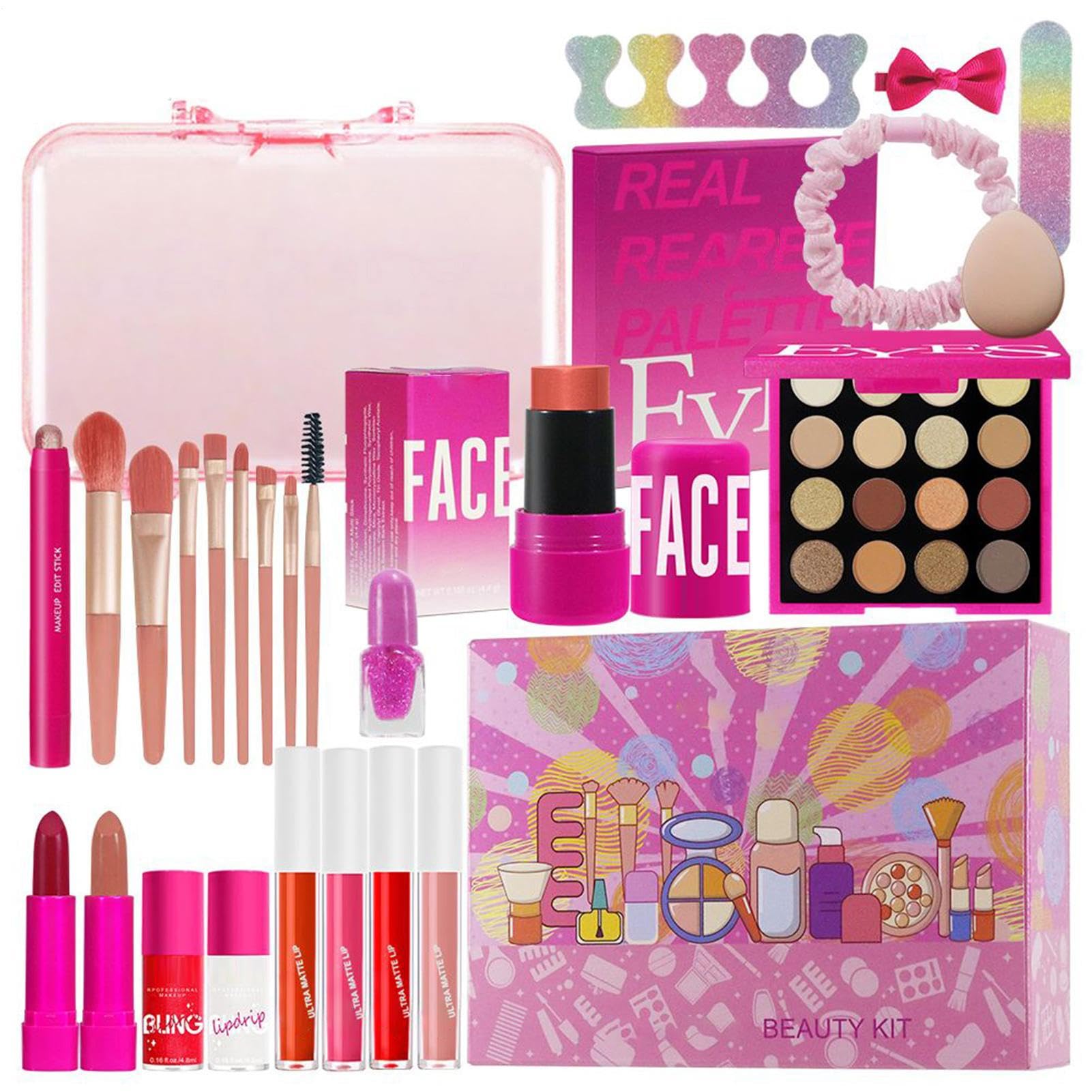 Make-up für Mädchen, 26 Stück, Lidschattenpalette, Rouge, Lippenstift-Kollektion, wasserdichtes Kosmetik-Set für Hochzeiten, Theater und Fotoshootings