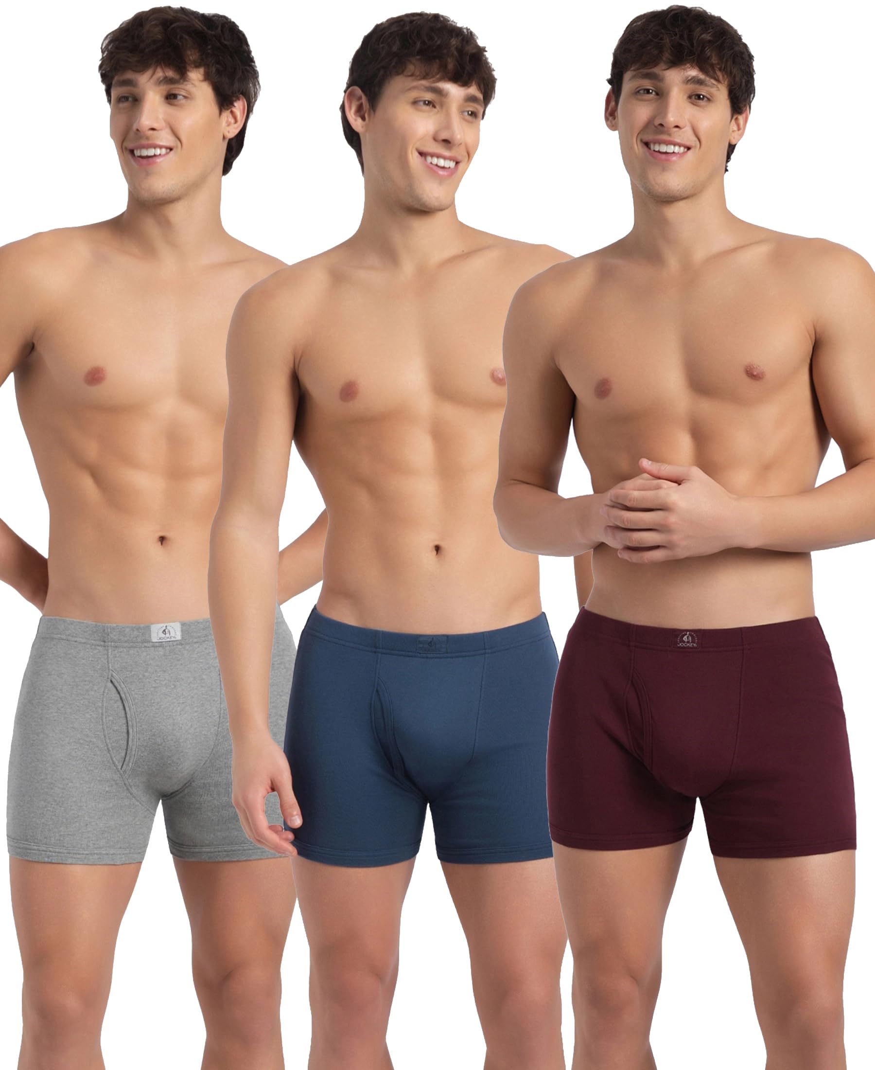 Jockey 8008 Men's Super Combed Cotton Rib Solid Boxer Brief with Ultrasoft and Durable Waistband (Pack of 3)_Grey Melange, Port Royale & Dark Denim_L