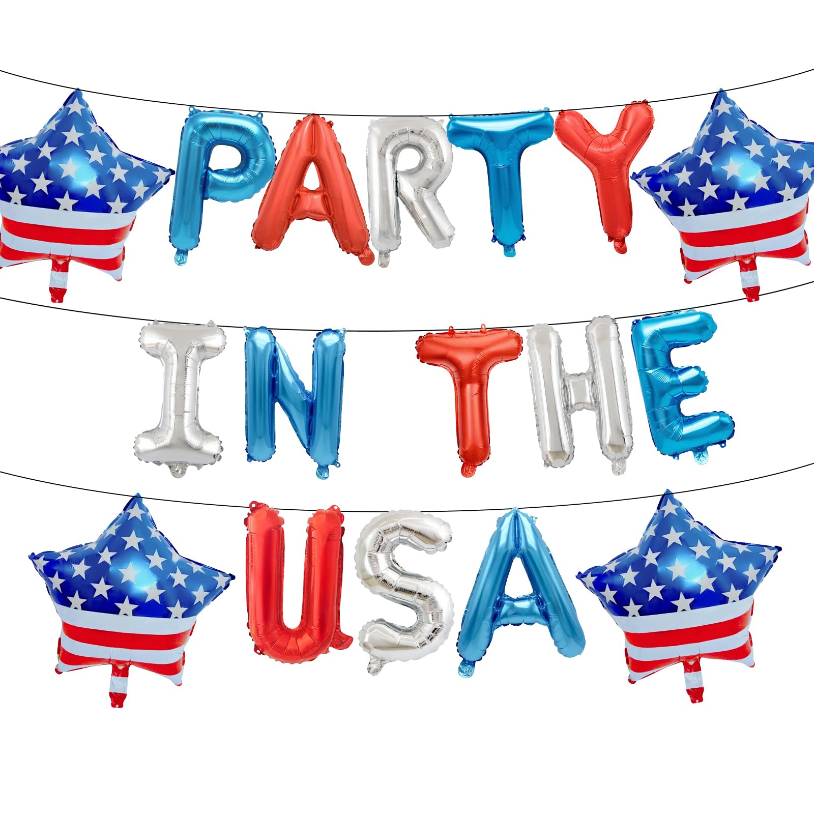 16 Inch Red, White Blue 'PARTY IN THE USA' Balloon Banner - Mylar Letter Balloons with 18 Inch Star Shaped Foil Balloons for 4th of July, Memorial Day