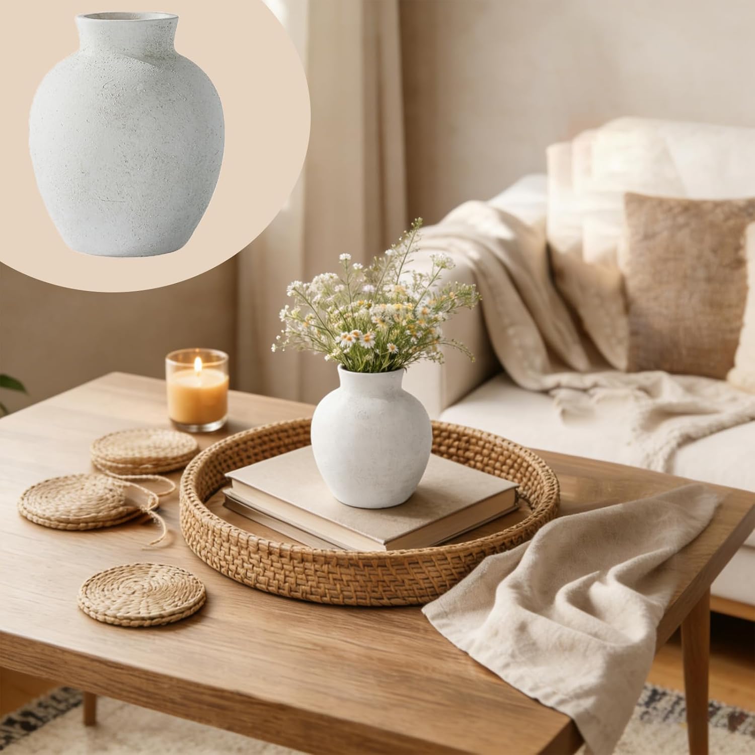 Handmade White Ceramic Vase 6.1 Inch, Farmhouse Boho Tabletop Centerpiece for Living Room, Rustic Wabi-Sabi Decor for Wedding Mantel Shelf