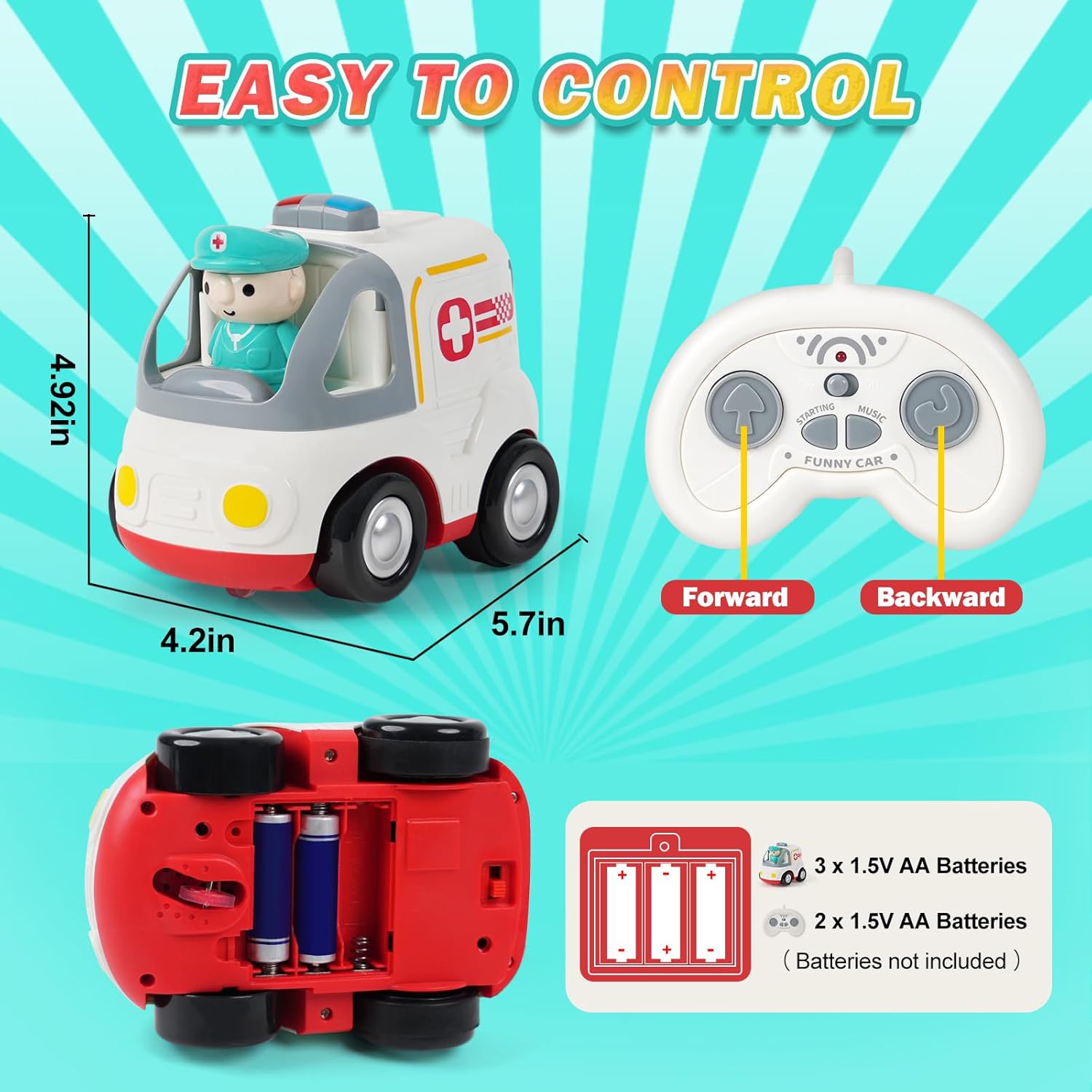 Remote Control Car for Kids - Cartoon RC Ambulance Toy for Toddlers 18+ Months, Ages 2 3 4 5 Years Old, Birthday Gifts for Boys with Lights & Sounds & Music