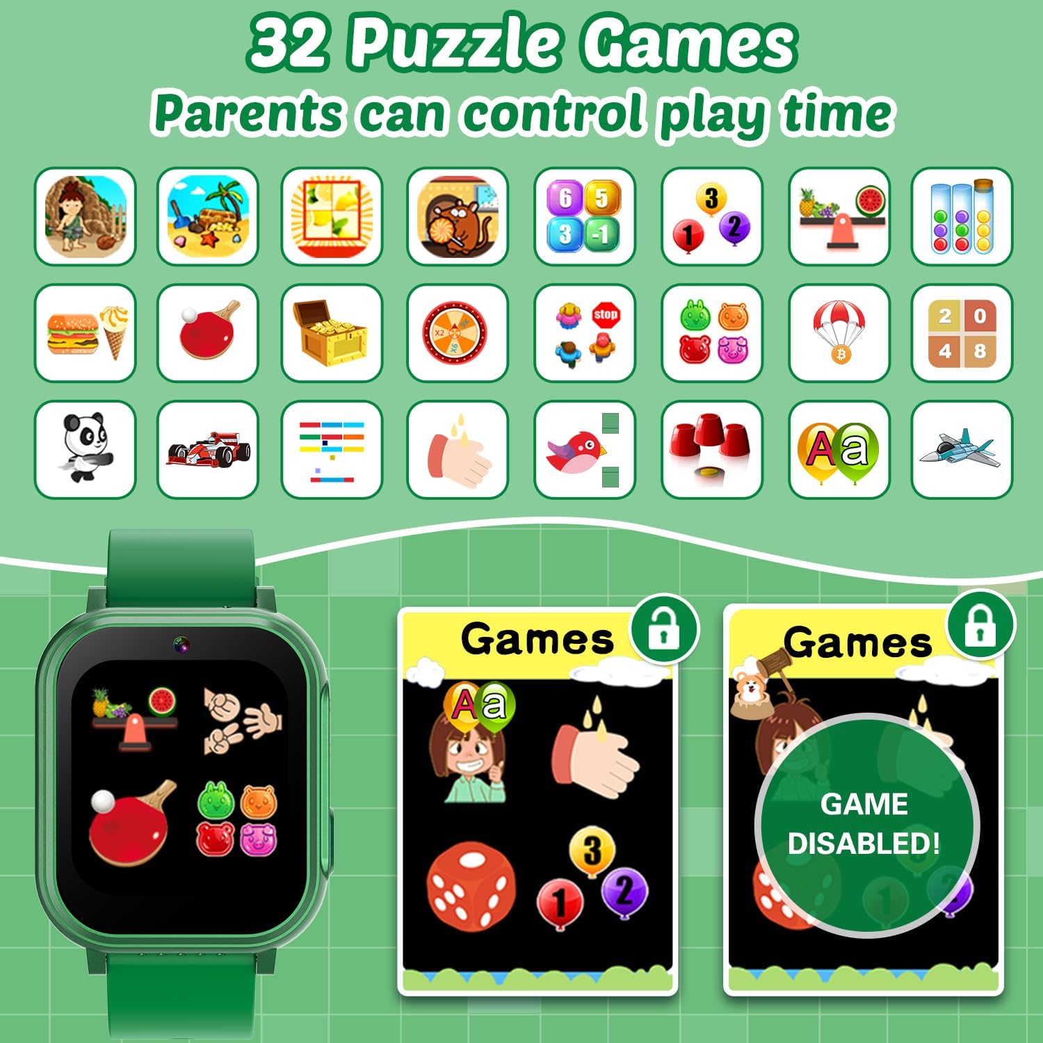 Kids Smart Watch displaying 32 puzzle games and a parental control feature to disable games.