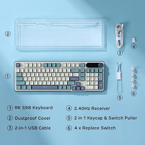 Miniatura 9 de RK ROYAL KLUDGE Teclado mecánico S98 con pantalla inteligente y perilla, montaje superior 96% teclado mecánico inalámbrico BT2.4GUSB-C,