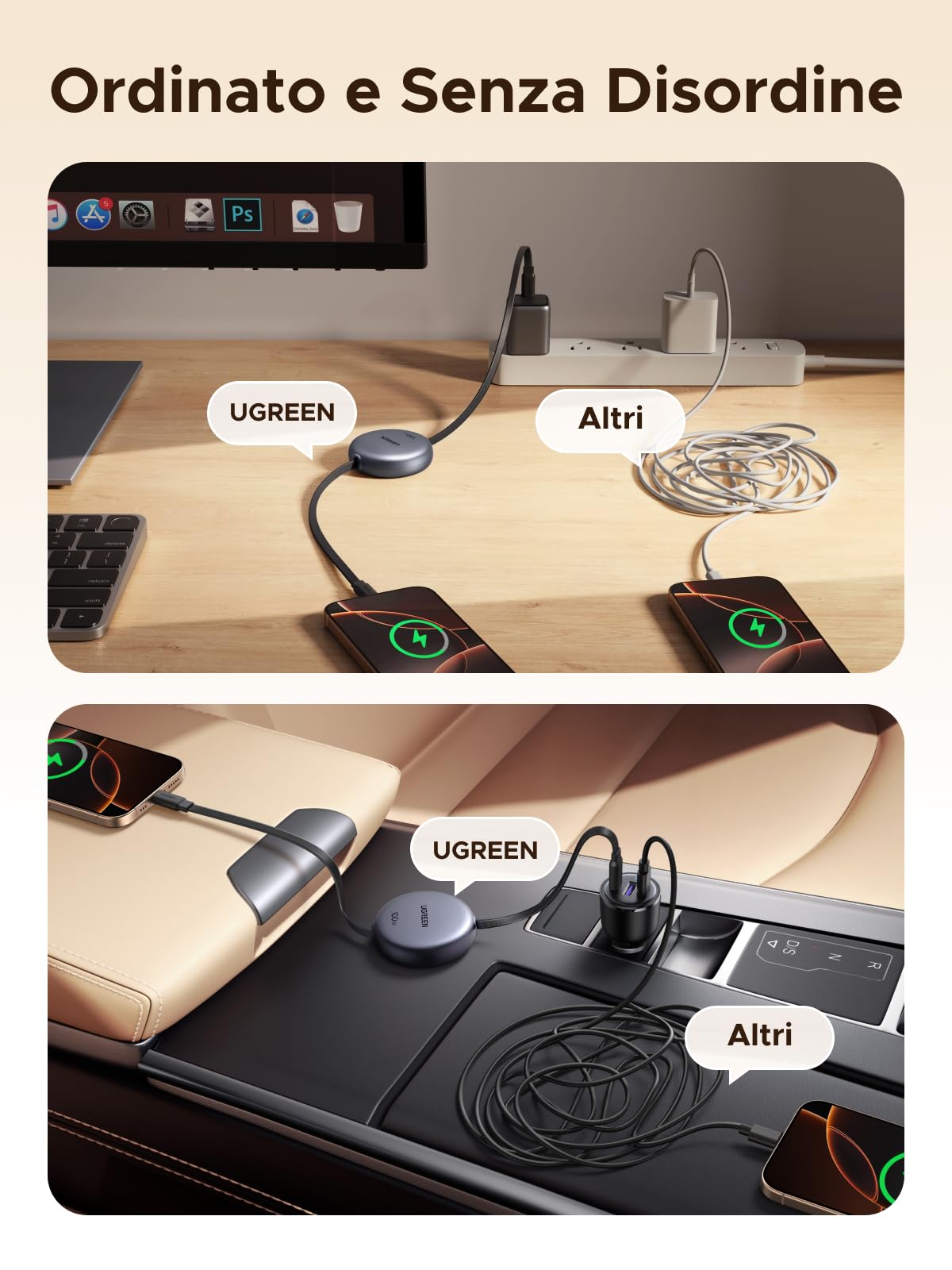 UGREEN 100W Cavo USB C Retrattile PD 3.0, Cable Type C Avvolgibile Ricarica Rapida, Compatibile con MacBook, iPad Air, iPhone 17 Pro Max Air/16/15 Plus Pro Max, Galaxy S25 S24, Pixel 10/9.Grigio