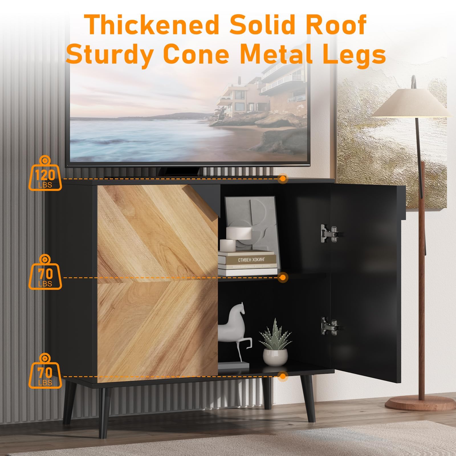 Sideboard Buffet Kommode Mit Türen & Regal – Aufbewahrungsschrank Für Esszimmer, Wohnzimmer, Flur – 80x40x74.4cm, Schwarz Holz