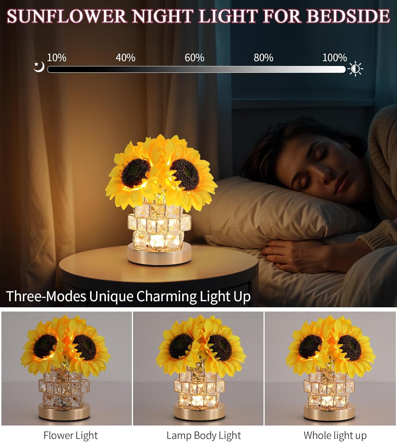 AIHYING Sunflowers Flower Lamp,Rechargeable Cordless Touch Lamp,3-Colour Infinitely Dimming Small Night Light,Crystal Table Lamp,Christmas/Mother's Day/Birthday Gifts for Women,Home Decor.