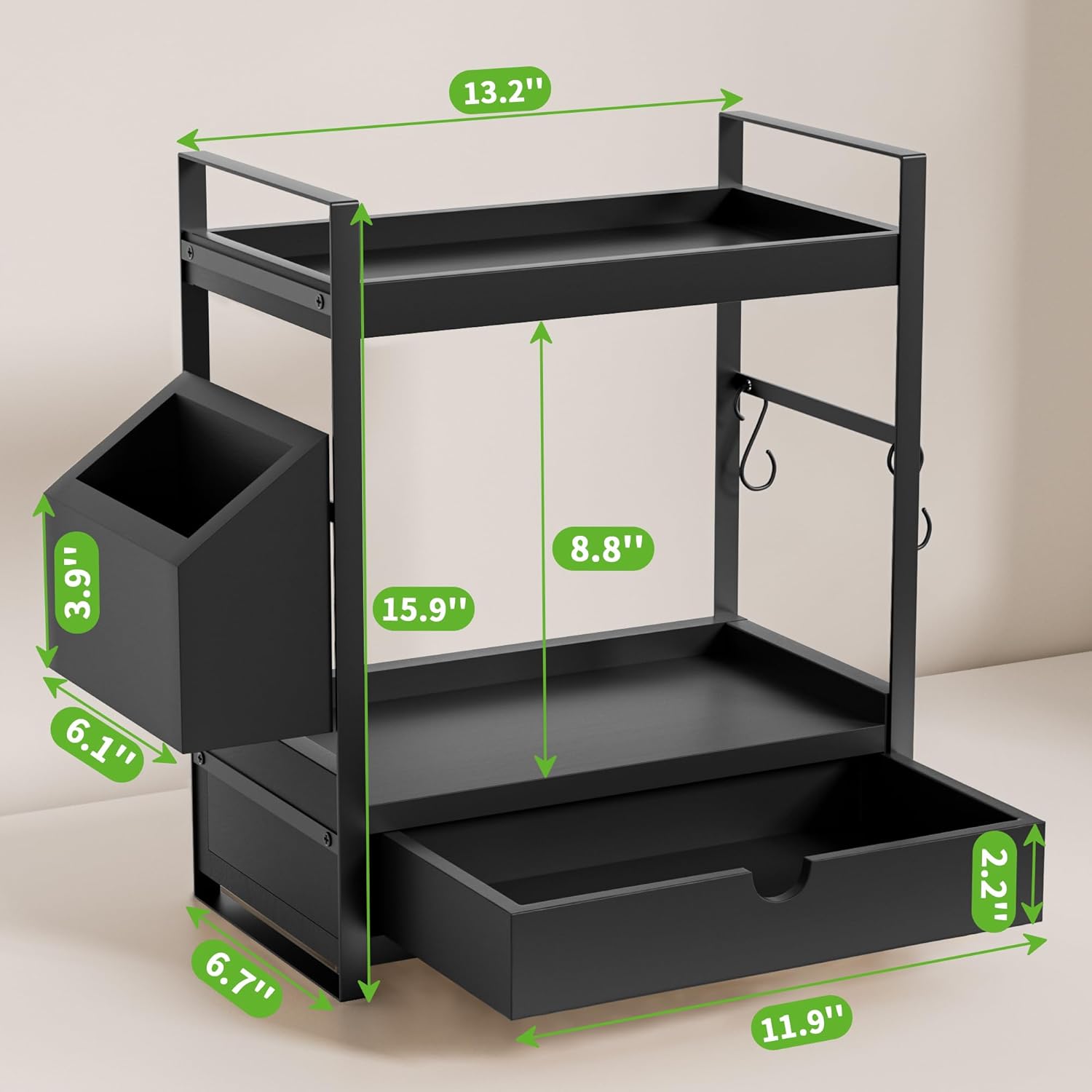 2-Tier Bathroom Counter Organizer with Drawer and Basket, Wood Countertop Organizer for Storage, Skincare Organizers for Vanity, Counter Shelf for Bathroom Organization, Black - Image 2