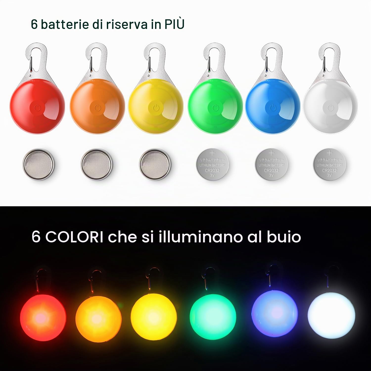 Confezione da 6 portachiavi lampeggianti a LED per cani e gatti, 3 modalità lampeggianti (6 batterie di ricambio)
