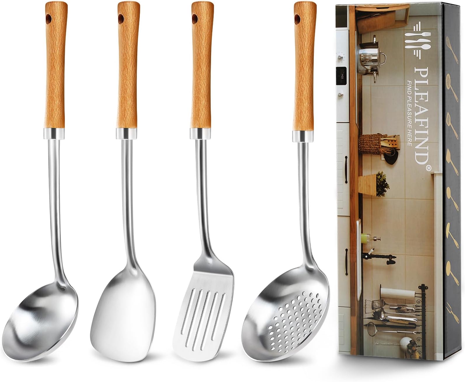 Pleafind 4-Pcs Cooking Utensils Set, Stainless Steel Kitchen Utensils with Wooden Hanlde, Kitchen Essentials Set Include Wok Ladle, Slotted Spoon, Wok Spatula and Slotted Spatula, Dishwasher Safe