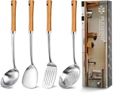Pleafind Cooking Utensils Set - Stainless Steel Kitchen Utensils Set with Wooden Handle, 4 Pcs Utensils Set Include Wok Ladle, Slotted Spoon, Wok Spatula and Slotted Spatula