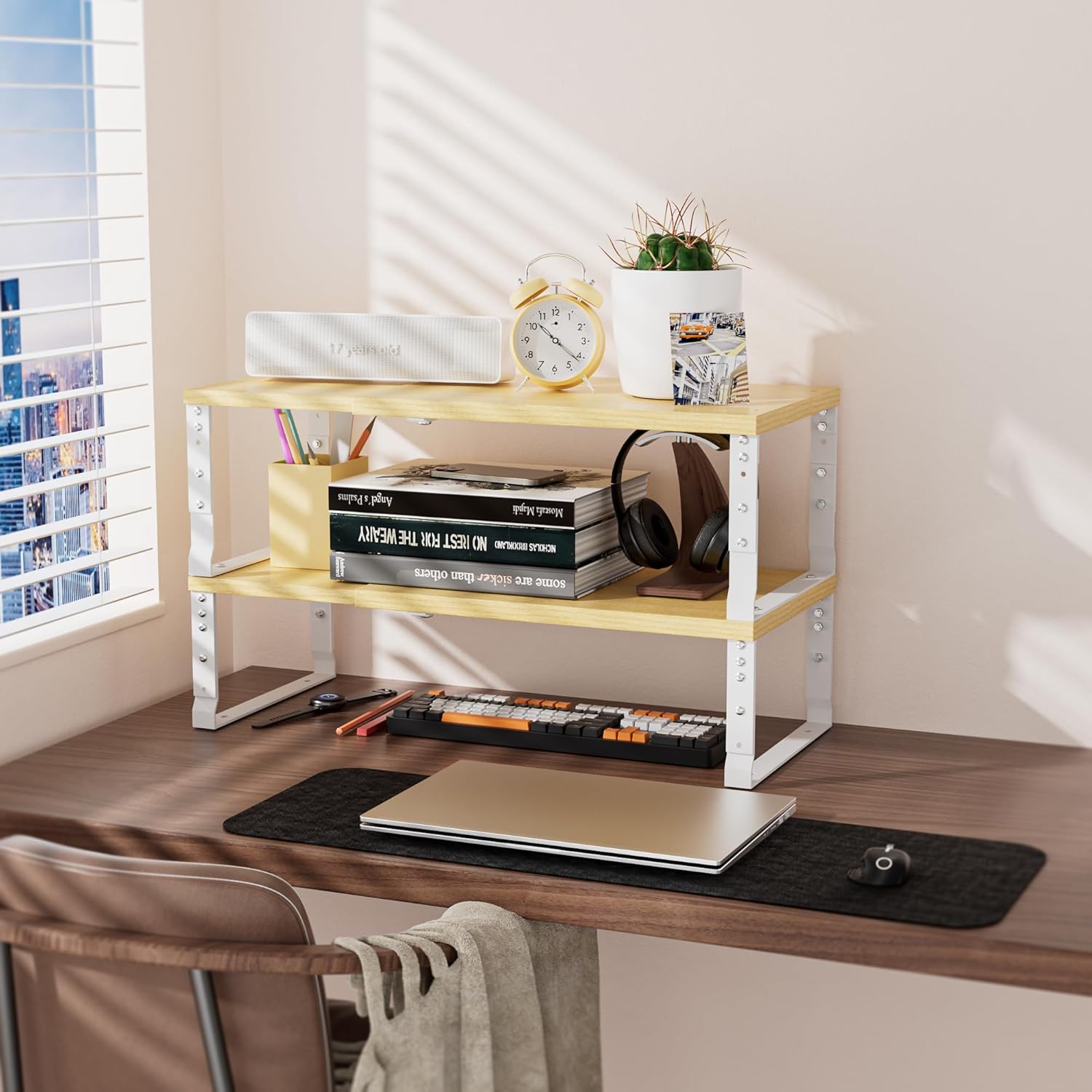 Adjustable Metal Shelving Unit, Stackable & Expendable Storage Rack for Home/Office/Kitchen, Space-Saving，Sturdy&Durable，Easy Assembly（1PACK/Medium/White/Burlywood