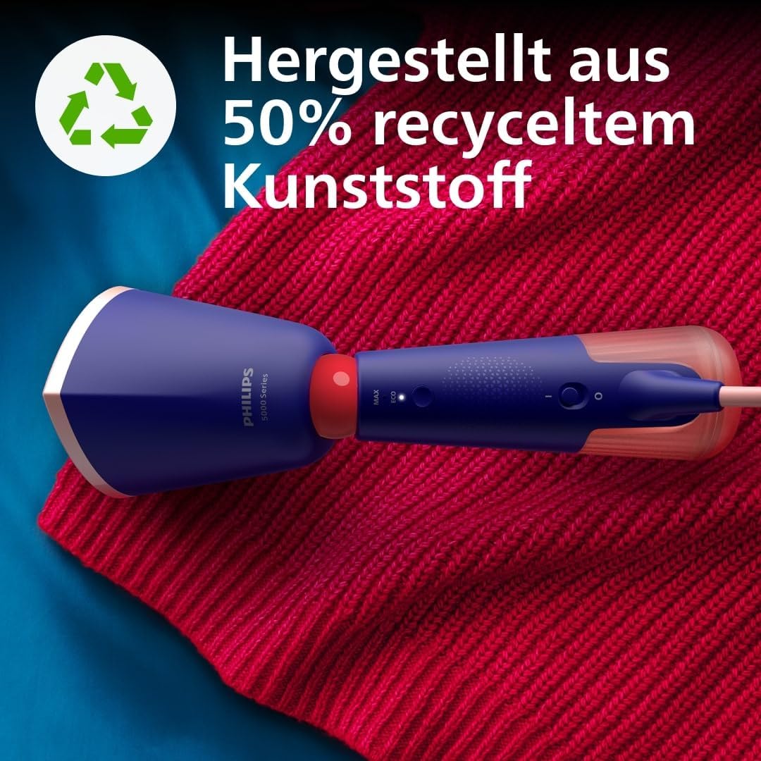 Philips 5000 Series handheld steamer - Powerful 1400W, Continuous steam, Two water tanks, Quick heating in 35s, Eco& Max setting, Adjustable head, Metal base plate, Accessories, Marine Blue (STH5030