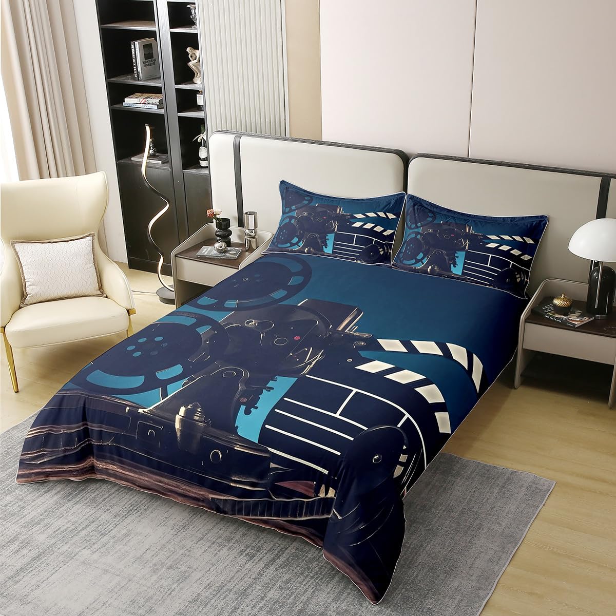 Homewish Set di biancheria da letto in 100% cotone con film Clapper, per bambini, uomini, donne, film di vecchia moda, con macchina fotografica, nero e grigio, morbido e comodo