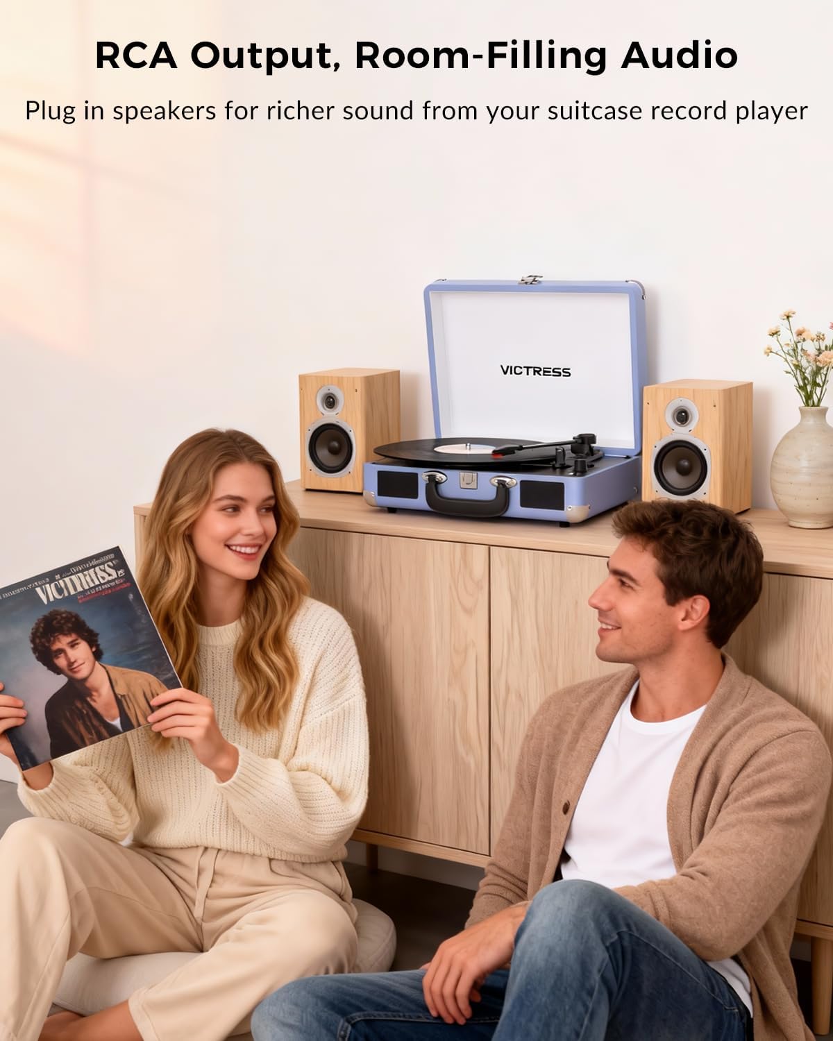 Suitcase Record Player, Portable Vinyl Record Player Bluetooth with Stereo Speakers, 3-Speed Turntable, USB to Digital Recording, RCA/AUX/Headphone Jack, Retro Gift Vinyl Player, Soft Purple