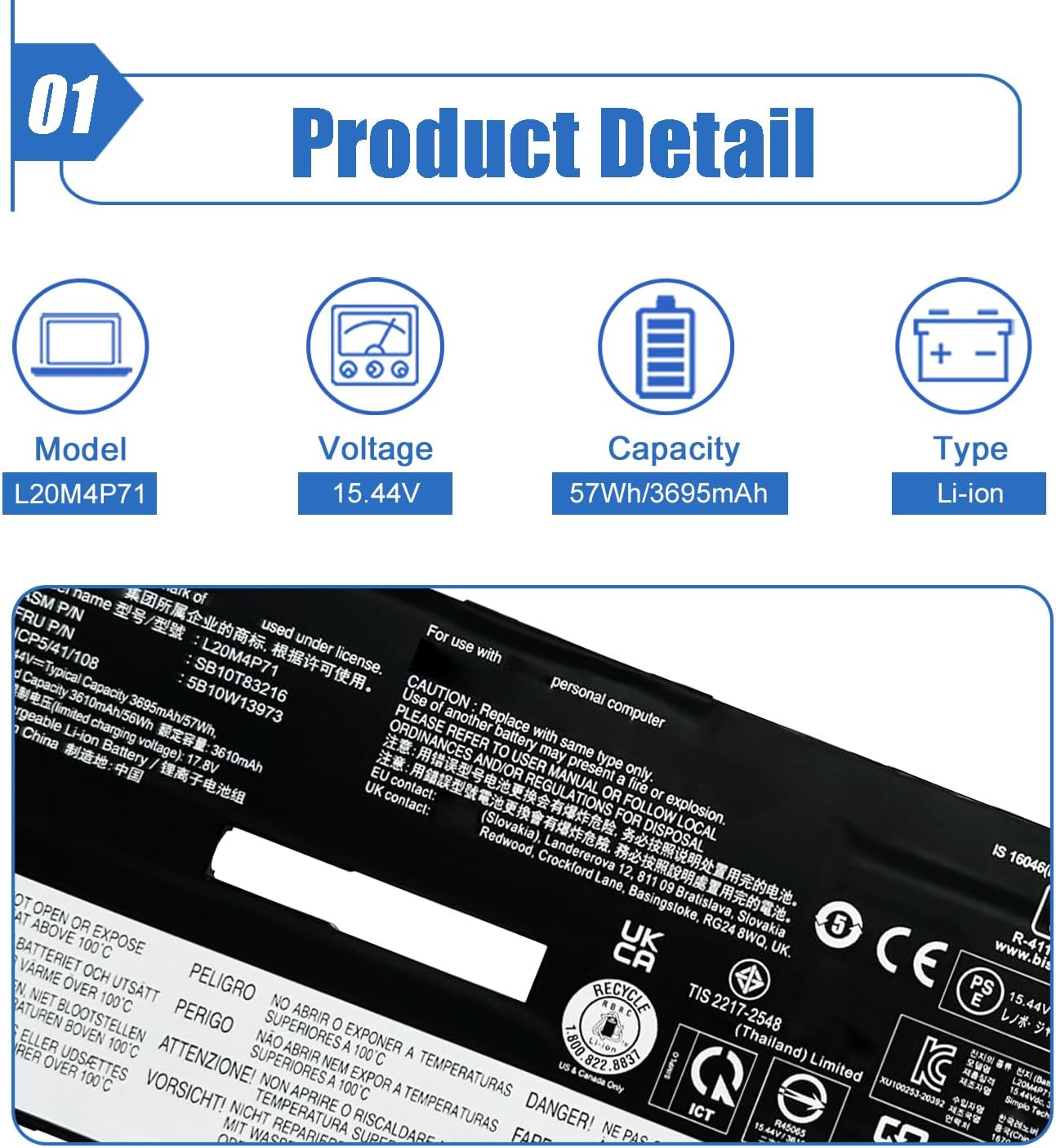 Dentsing 57Wh L20M4P71 L20C4P71 Laptop Battery Compatible with Lenovo ThinkPad X1 Carbon 9th Gen/ X1 Yoga 6th Gen Series SB10T83216 5B10W13973 L20D4P71 SB10T83217 5B10W13972 15.44V 3695mAh