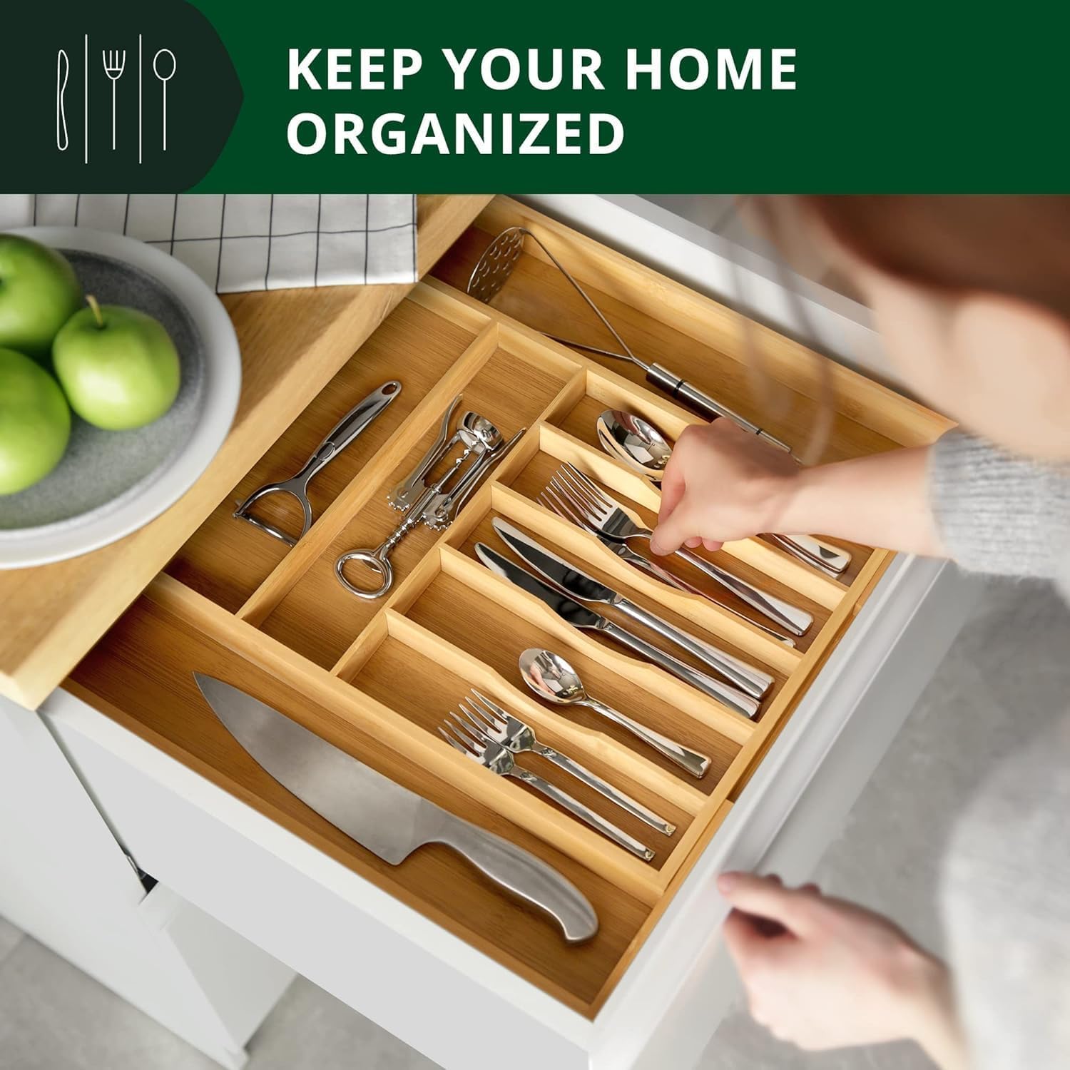 ROYAL CRAFT WOOD Luxury Bamboo Kitchen Drawer Organizer - Silverware Organizer - Utensil Holder and Cutlery Tray with Grooved Drawer Dividers for Flatware and Kitchen Utensils