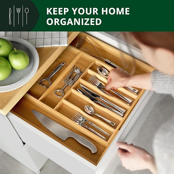 ROYAL CRAFT WOOD Luxury Bamboo Kitchen Drawer Organizer - Silverware Organizer - Utensil Holder and Cutlery Tray with Grooved Drawer Dividers for Flatware and Kitchen Utensils