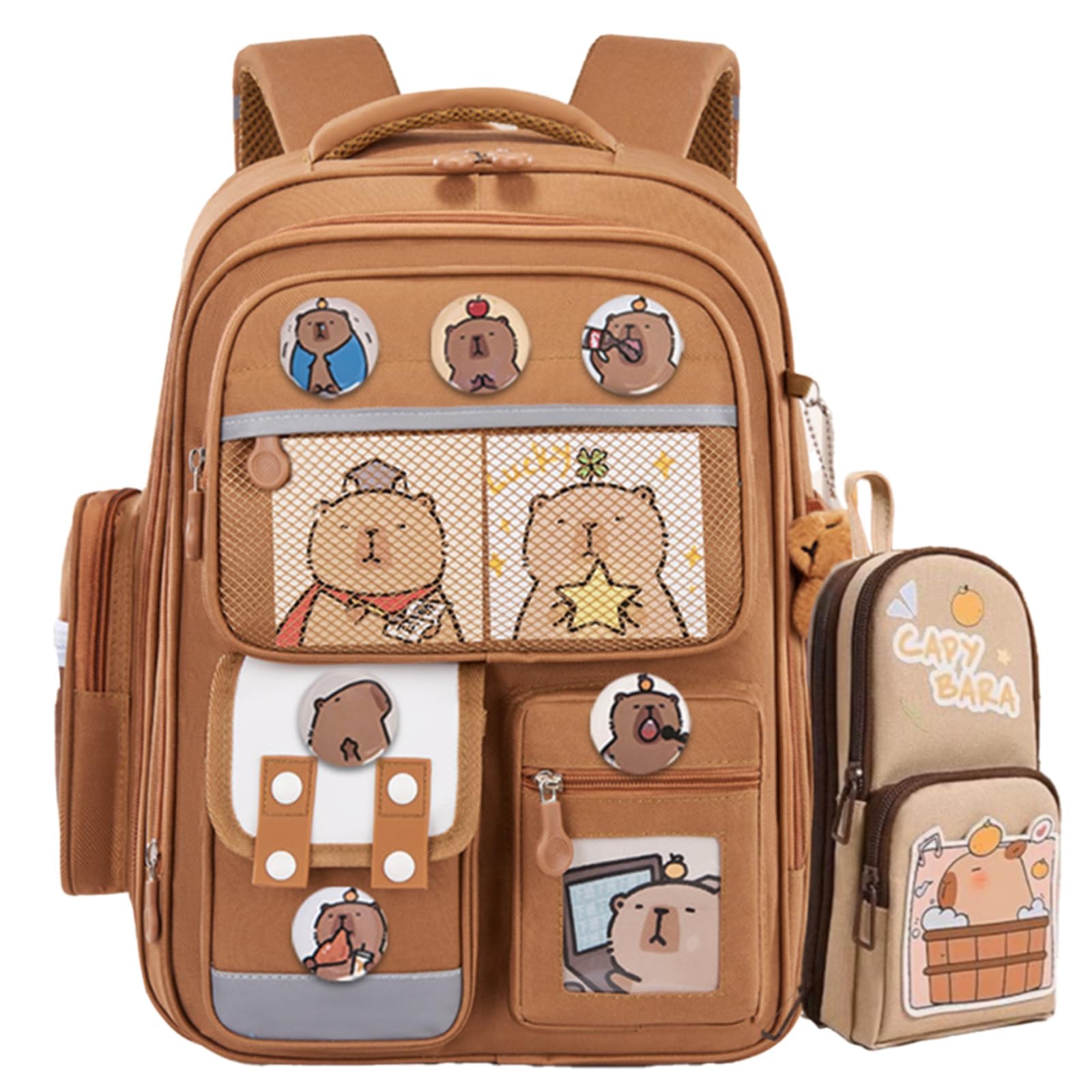 Cute Pink Capybara Backpack with Chic Case and More Pins Ita Bag Kawaii Cartoon Large Capacity Mochila De Capybara (Brown)