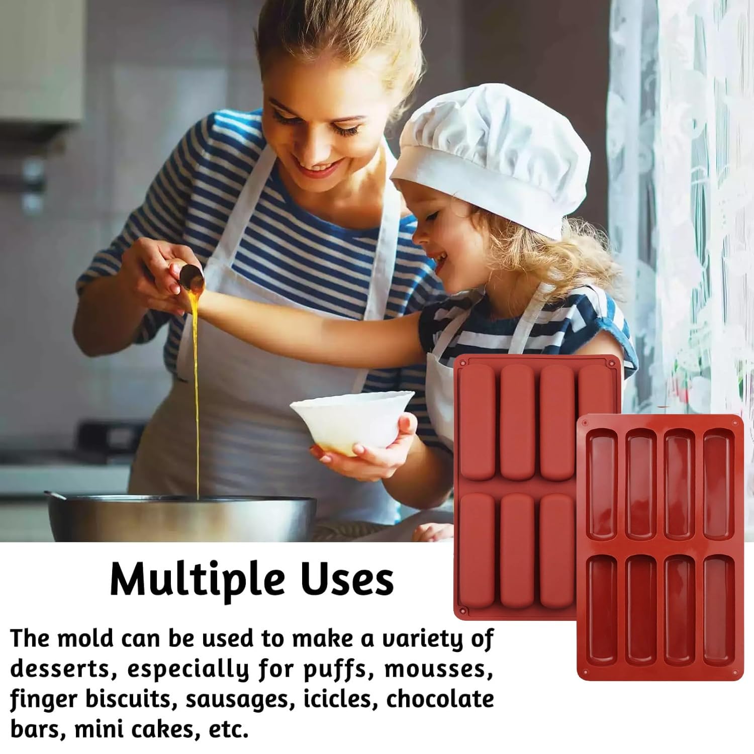 Molde de silicona para galletas de dedos, paquete de 2 moldes con forma de dedo de 8 cavidades, barras de granola, molde rectangular para hornear barras energéticas, barra de chocolate, pan,