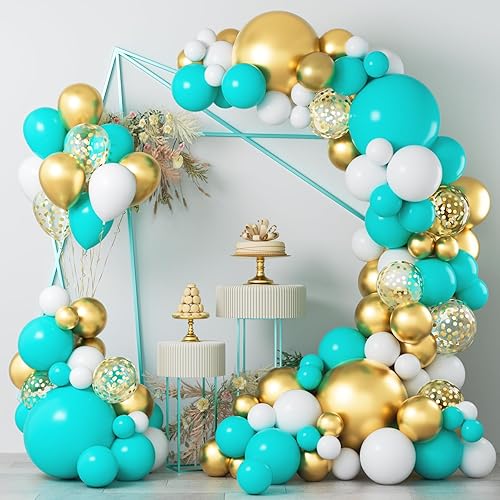COKAOBE - Kit de guirnalda de globos color teja, 124 piezas kit de arco de globos azul turquesa, blanco y dorado metálico con confeti para bodas,
