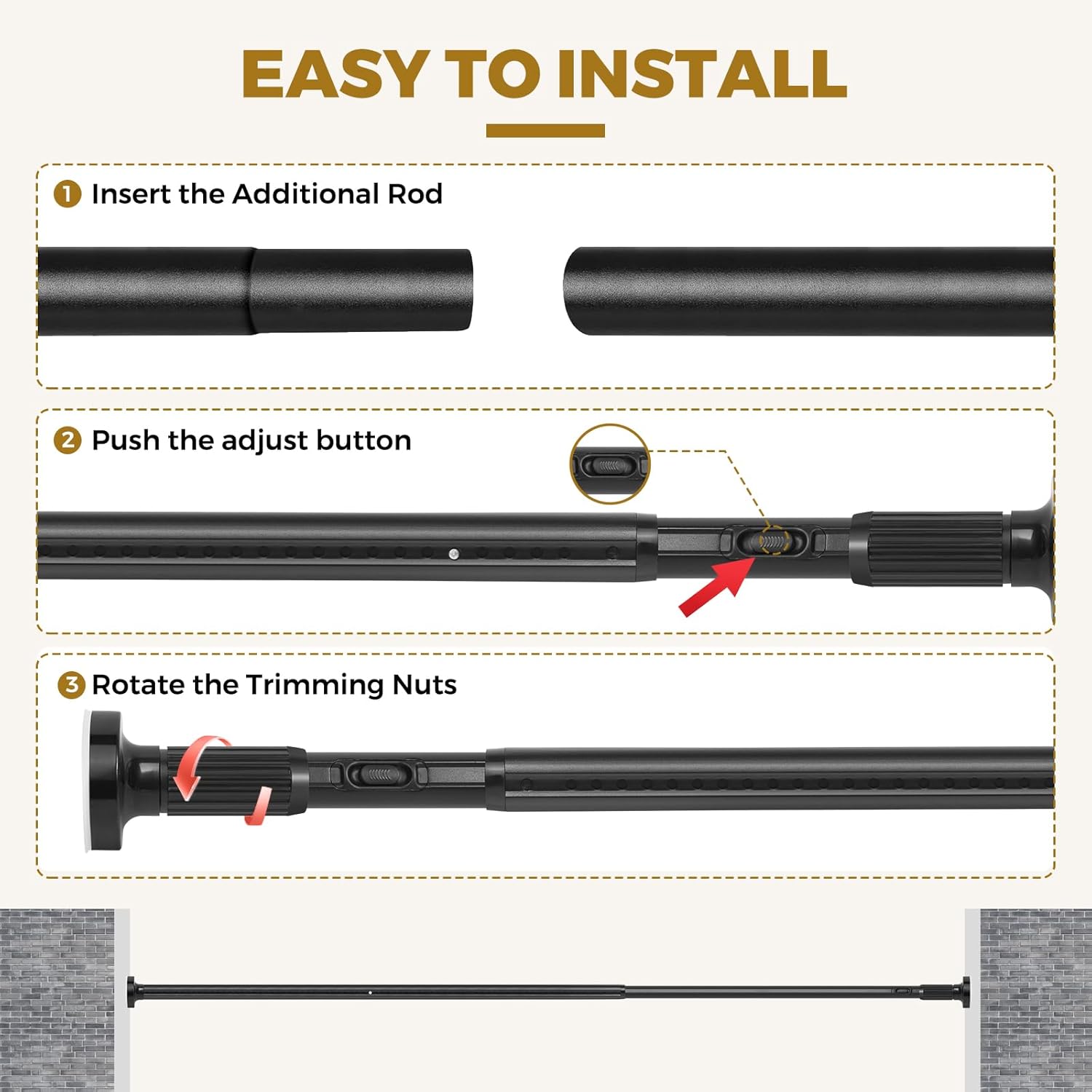 Tension Curtain Rods 51-86 Inch(5-7.17Ft),Shower Curtain Rods No Drilling,Heavy Duty tension rod for Bathroom Windows Room Divider Outdoor Patio,Easy Install,Never Rust,Diameter 1.26 In-Black