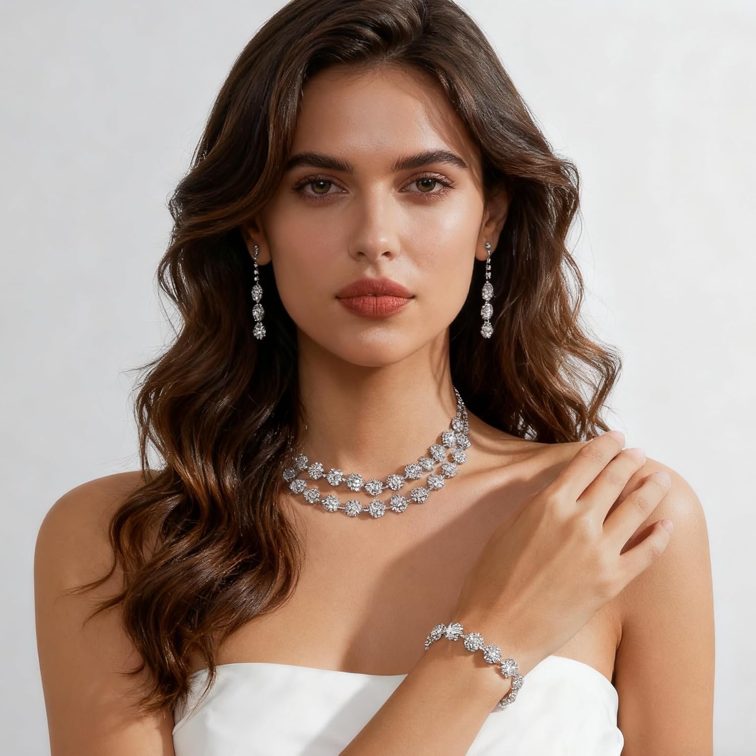 Crystal Statement Choker Necklace Earrings Bracelet Set Silver Rhinestone Necklace Earrings Sets Formal Costume Jewelry Bridal Wedding Jewelry Set for Women 11.61+6.3in - Image 5