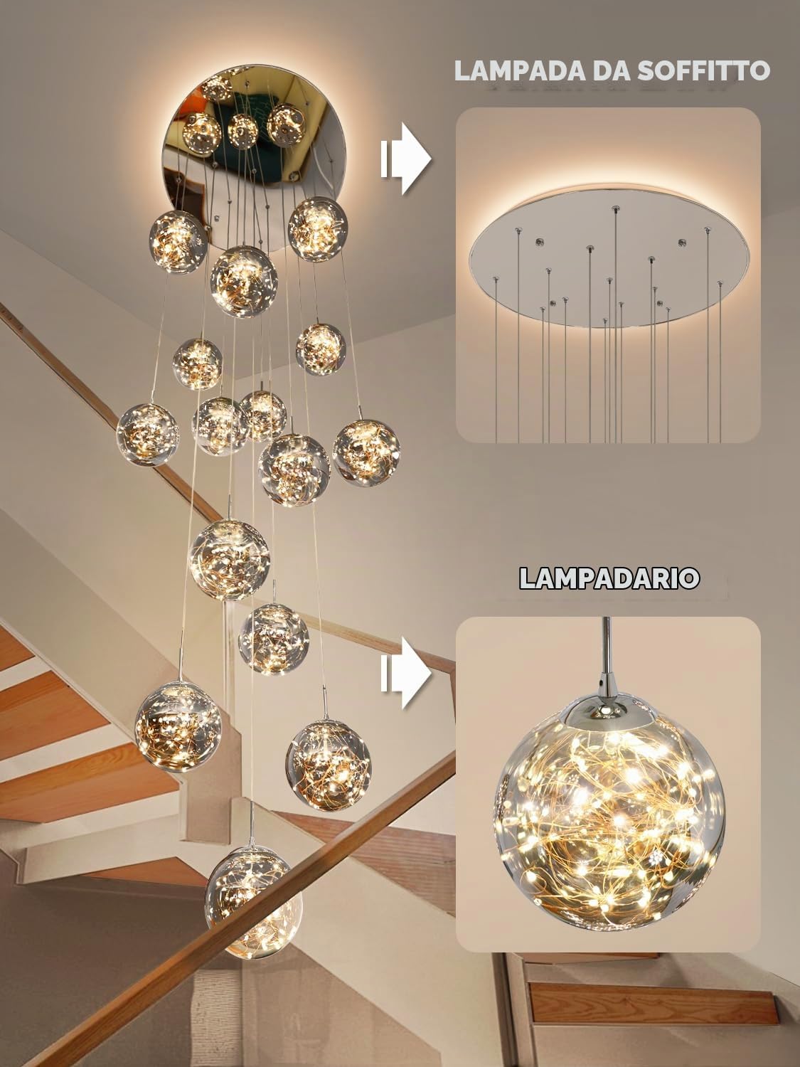 250CM Lampadario LED per Scale 15 Sfere di Vetro 80W 3000K Grigio | Treppenhaus Lampada a Sospensione Soffitto Moderne Länge Lampadari Ville Luci la Sala Cucina Soggiorno Glass ball