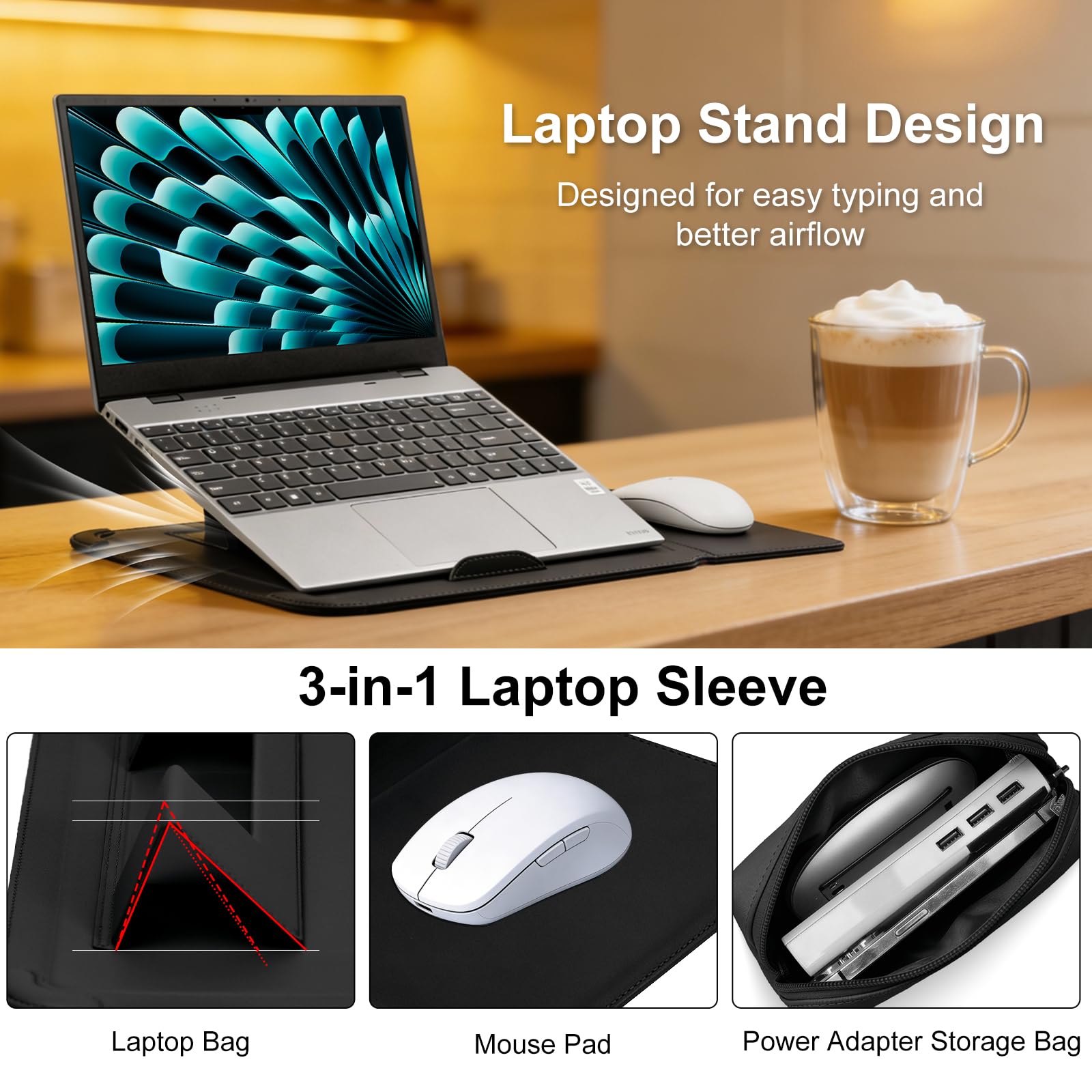 15-15,6-16 Pollici Laptop Custodia Borsa con Stand per MacBook Pro 16" M5/M4/M3/M2/M1 & Pro/Max, MacBook Air 15" M5/M4/M3/M2, 15"-15,6"-16" PU Pelle Computer Portatile Cover (Nero)