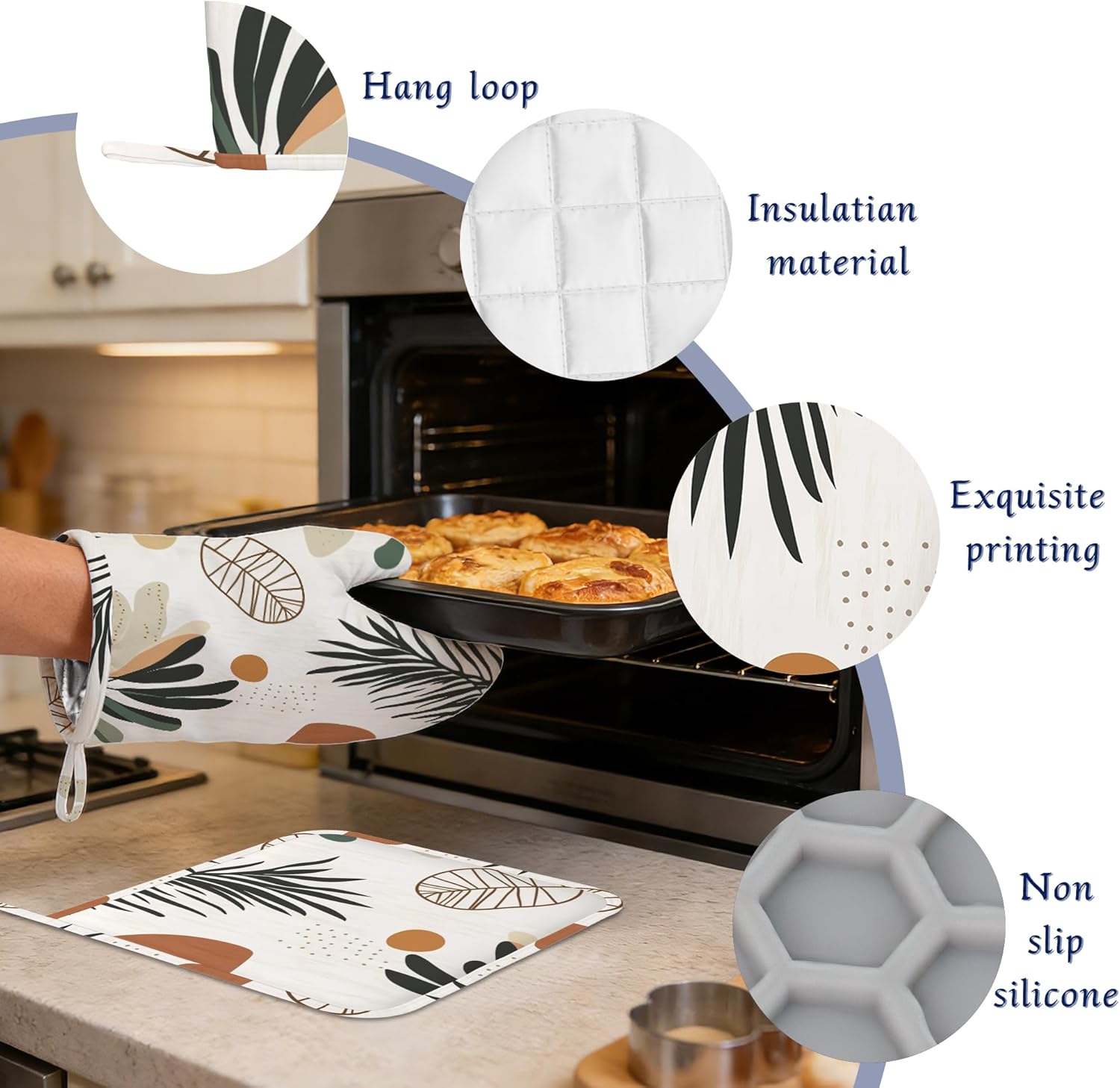 Boho Palm Leaf Potholders & Oven Mitts Sets Abstract Geometric Silicone Heat Resistant Oven Mits and Hot Pads Non-Slip Pot Holders Gloves for Kitchen Chef Cooking Baking Grilling BBQ