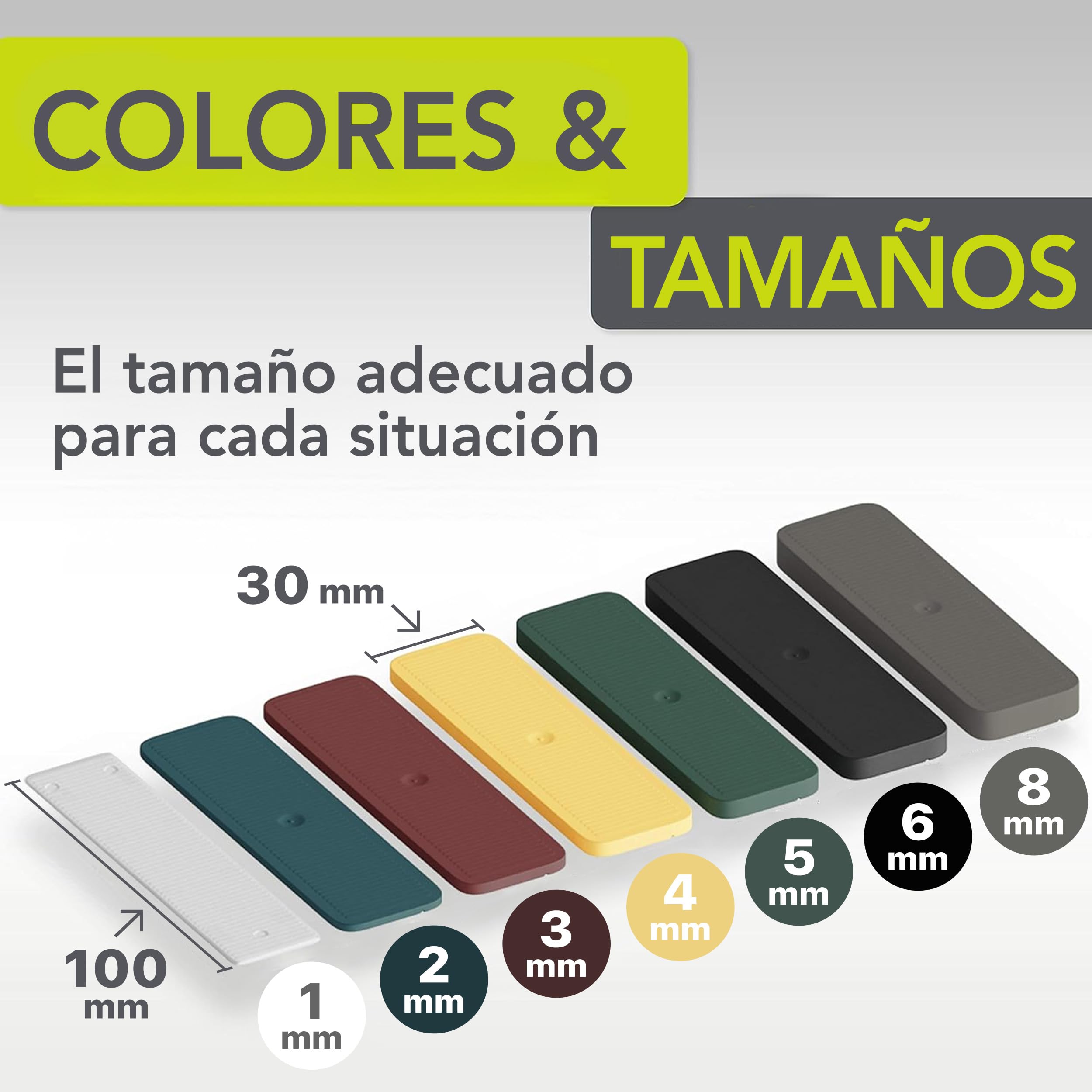 cuñas para cristales | 30 x 100 mm 600 piezas en juego: 1, 2, 3, 4, 5, 6, 8 mm | cuña, cuñas plastico, guillotina para parquet, cuña de plástico | Fabricado en Alemania