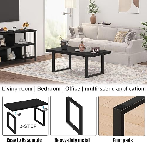 Miniatura 6 de Mesa de café IBF negra, mesa de centro minimalista industrial de madera, mesa moderna y simple rectangular para sala de estar, mesa de café y cóctel