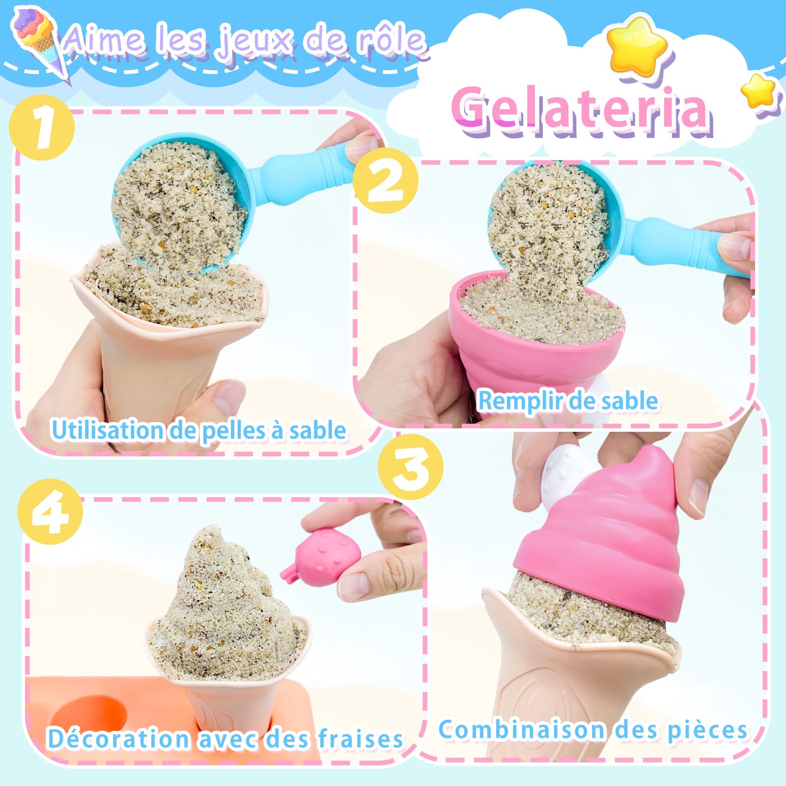 VBACALA BACALA Jouets de Plage, Jouets de Crème Glacée pour Enfants, Pelle de Sable, Moulage de Crème Glacée, Jouet de Gâteau de Plage, Jeux de Rôle de Plage pour Les Enfants âgés de 3 Ans et Plus