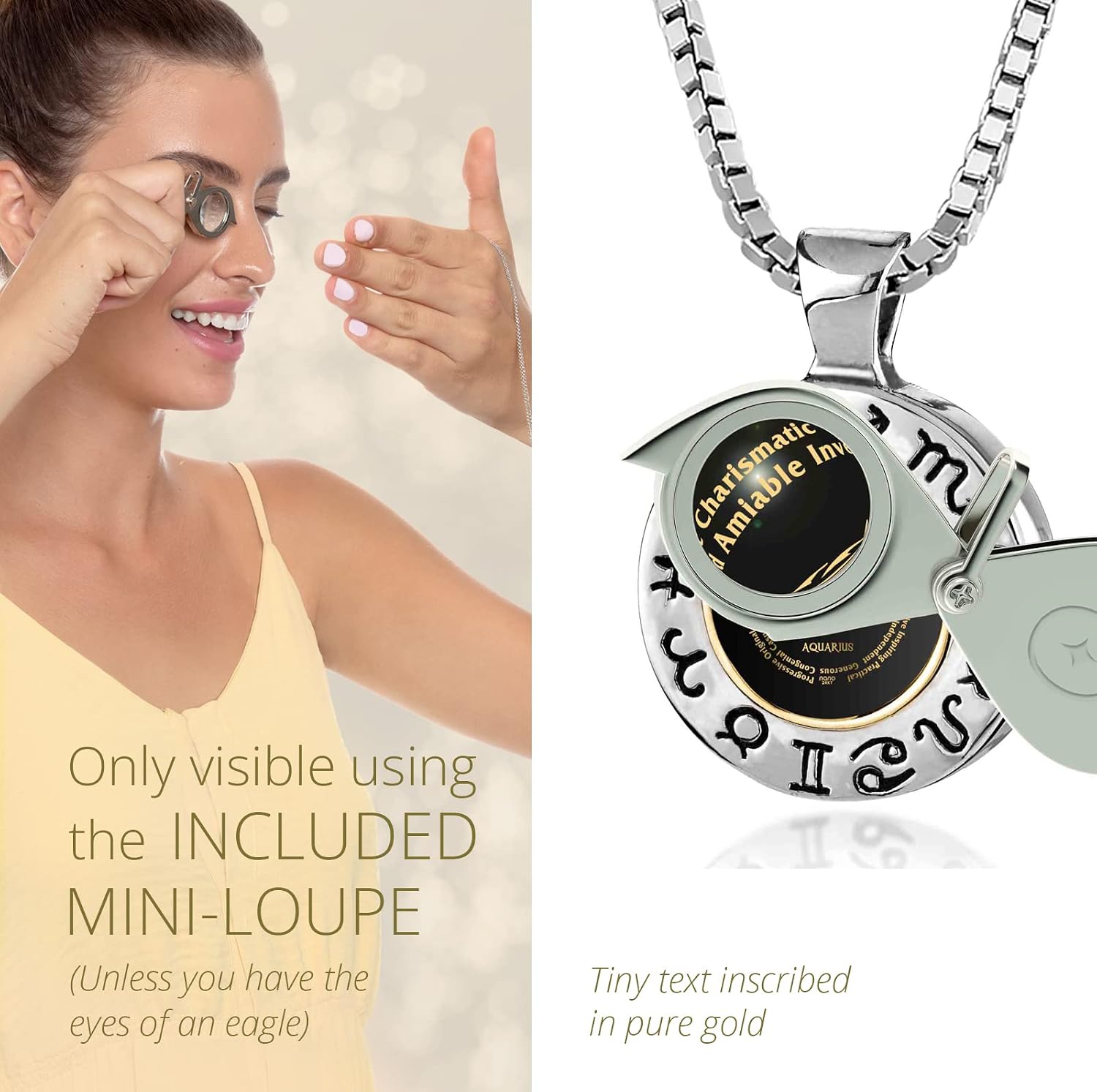 925 Sterling Silver Zodiac Necklace Engraved Astrology Symbol Pendant for Men or Women 24k Gold Inscribed with Star Sign and Personality Characteristics in Miniature Text on Black Onyx, 20" Chain