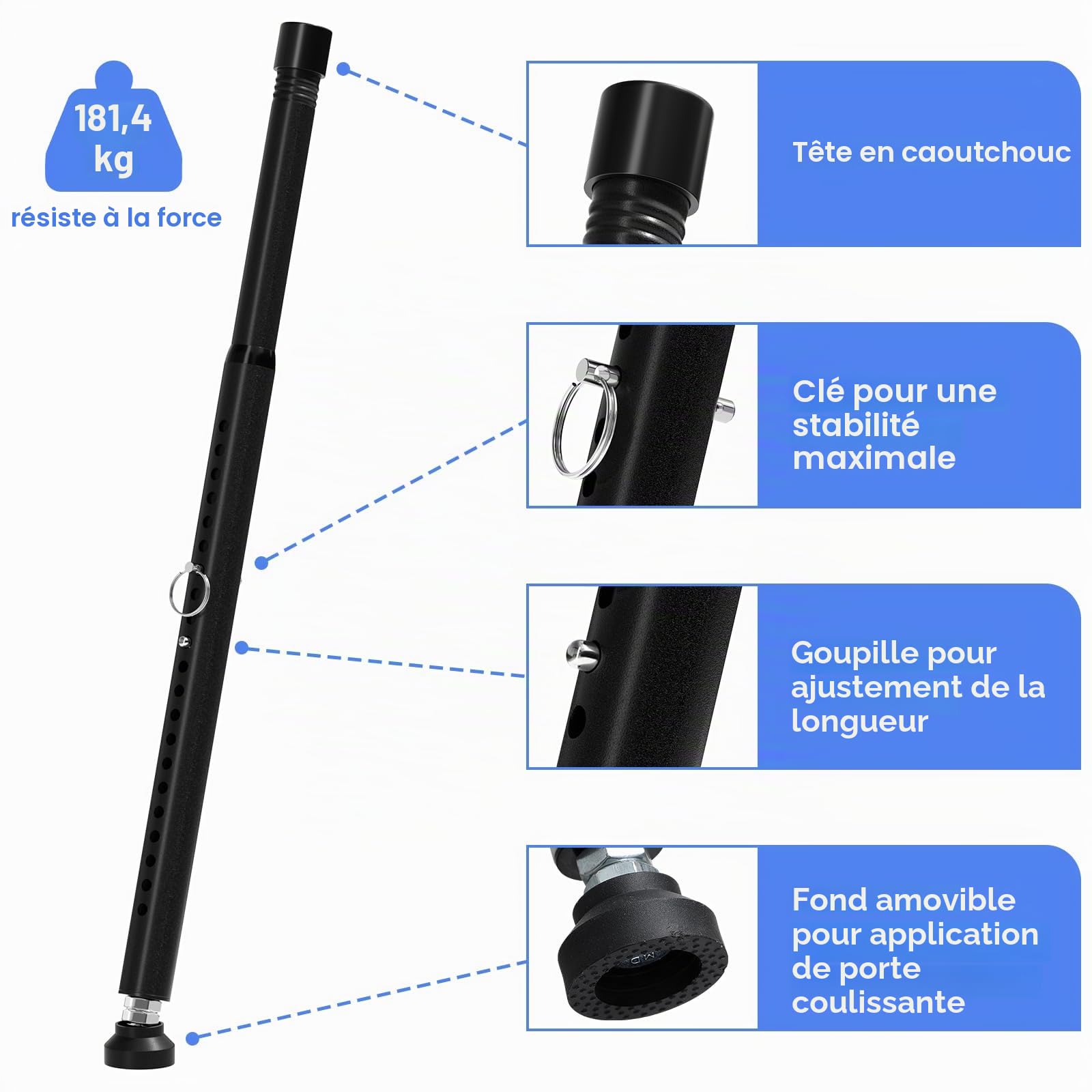 Barre de sécurité 120 cm, dispositif de verrouillage de fenêtre/porte anti-effraction réglable, barre de sécurité pour fenêtres, diamètre 25 mm, barre de verrouillage de fenêtre pour maison