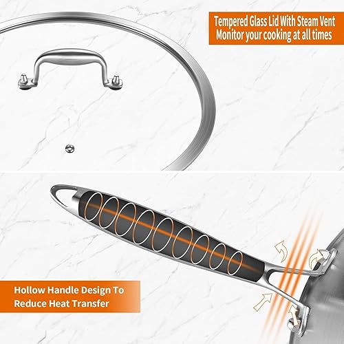Miniatura 27 de DELARLO Sartén de acero inoxidable de tres capas de cuerpo entero de 9.45 pulgadas, woks de acero inoxidable y sartenes para freír, sartén pequeña