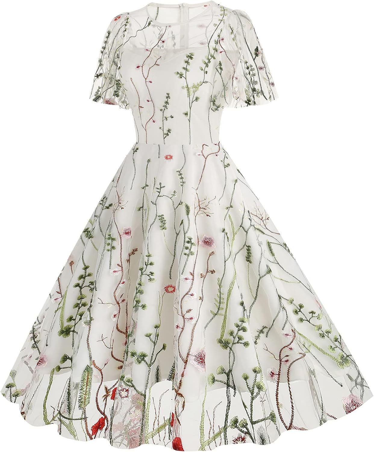 Women Keyhole Floral Embroidery Dress Sheer Mesh Illusion Vintage Cocktail Swing Dress Wedding Party Prom Tulle Evening Dress