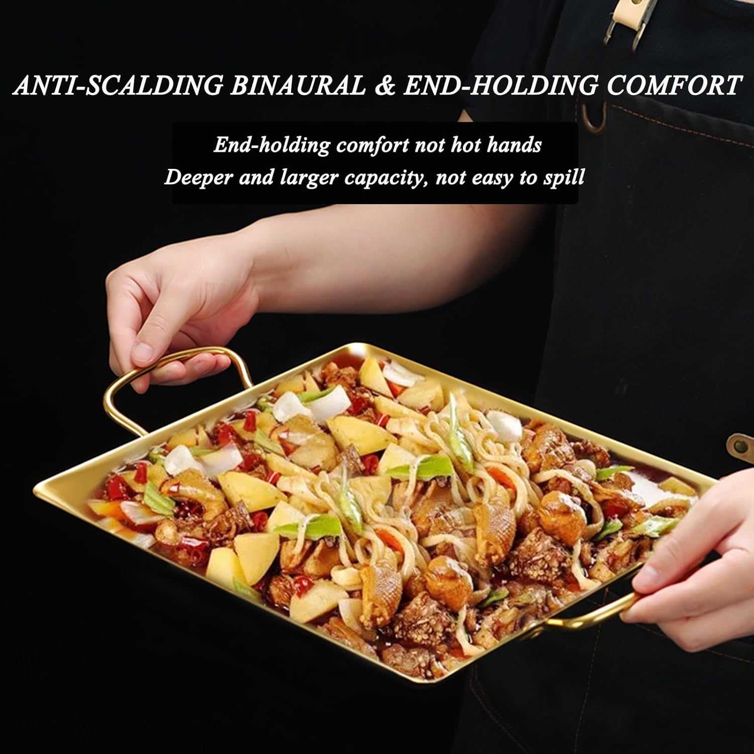 SVRITE 3 Sizes Stainless Steel Spanish Seafood Pot Plate Polished Flat Bottom Wok Cooking Pans Home Commercial Serving Platter Dinner Dishes for Steak, Snack,and BBQ (Gold,L)