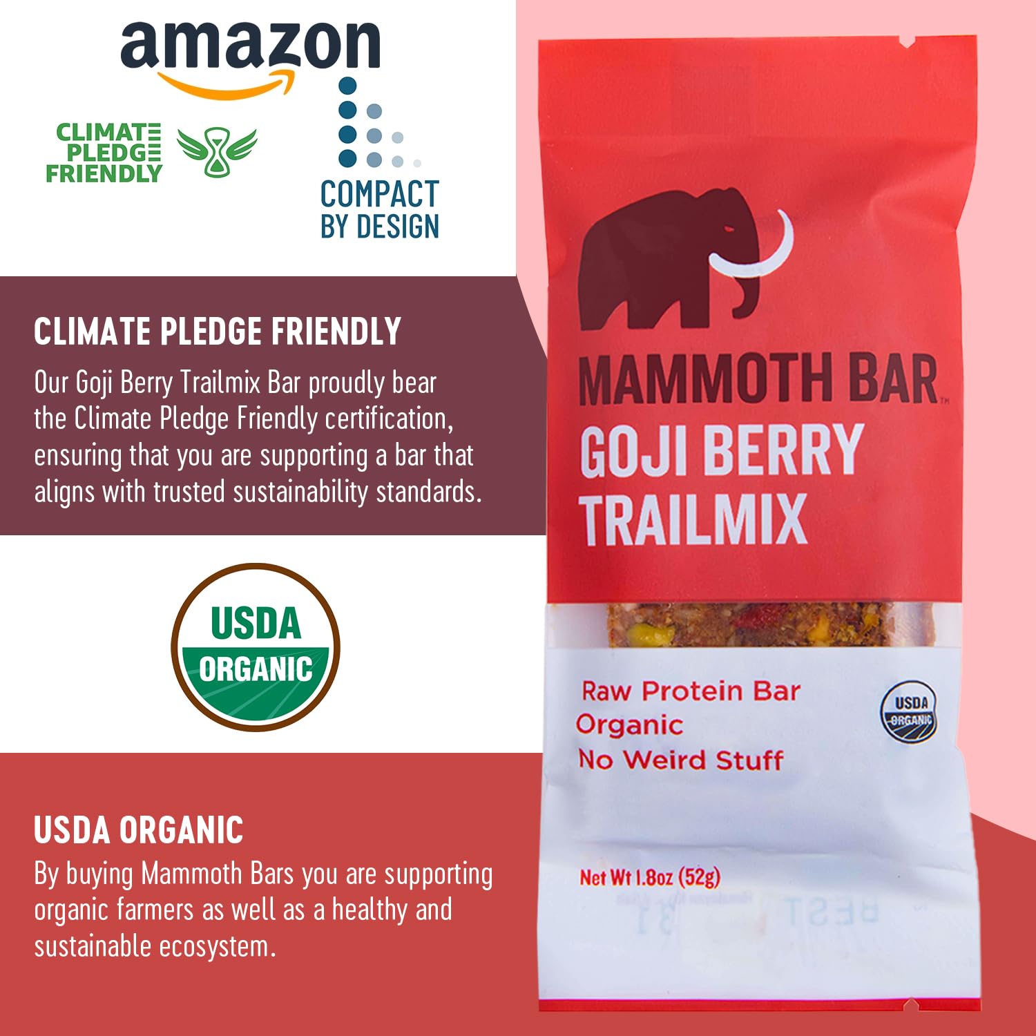 Mammoth Bar Goji Berry Trail Mix - 10 Organic Protein Bars –High Fiber • Paleo • Gluten Free • Egg Protein • GMO Free • Raw • Premium Nuts • Prebiotic