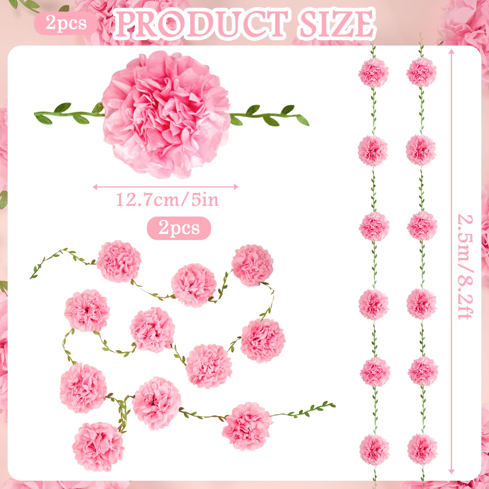 Papierblumengirlande, Blumenblätter, Banner, Pompom-Girlande, Dekorationen für Wand, Jahrestag, Hochzeit, Geburtstag, Bogendekoration (2,5 m), 2 Stück