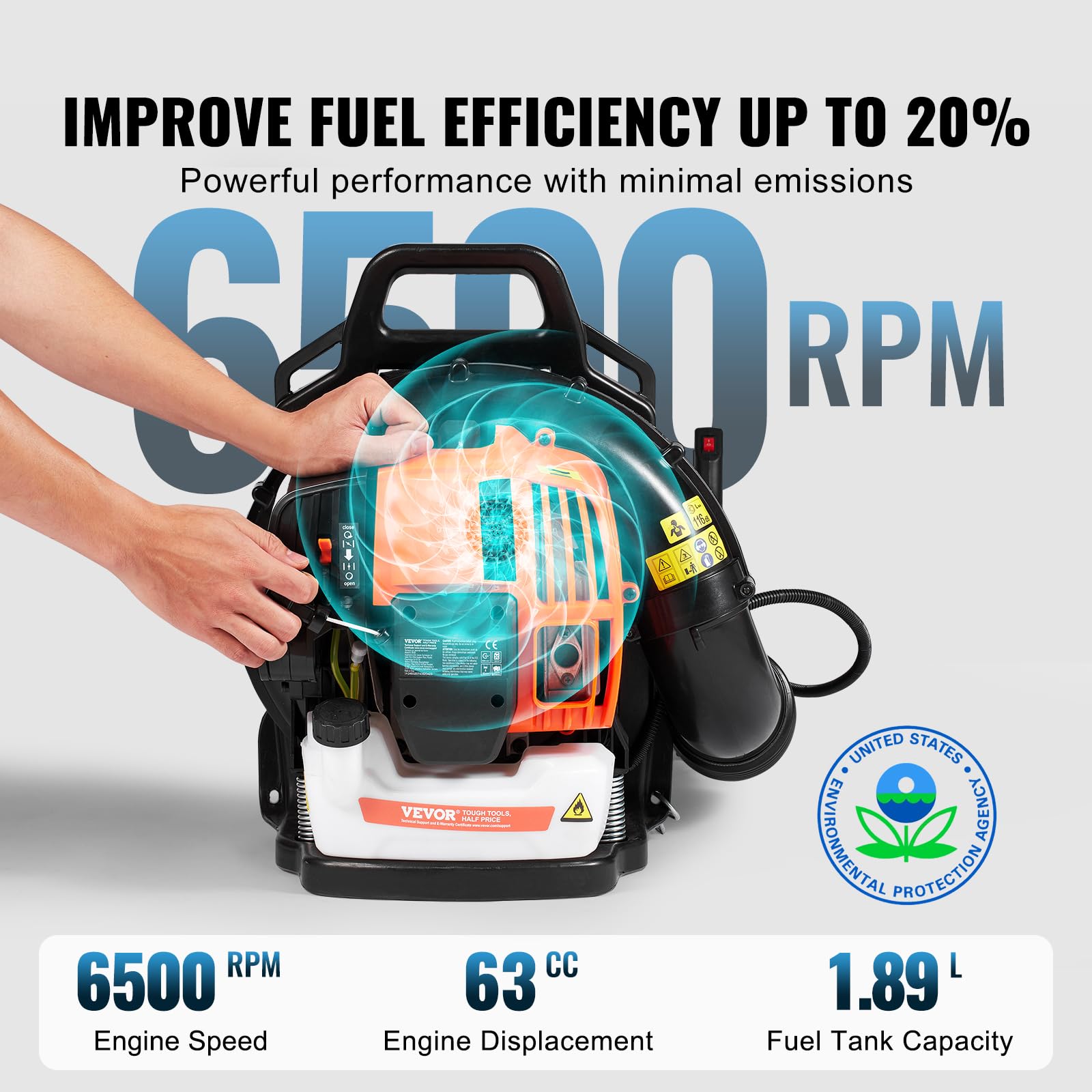 VEVOR Soplador de Hojas de Mochila, Soplador de Hojas de Gas de 2 Ciclos de 63 CC con Tanque de Combustible de 1,89 L, Volumen de Aire de 1110 CFM, Velocidad de 220 mph, para el Cuidado del Césped