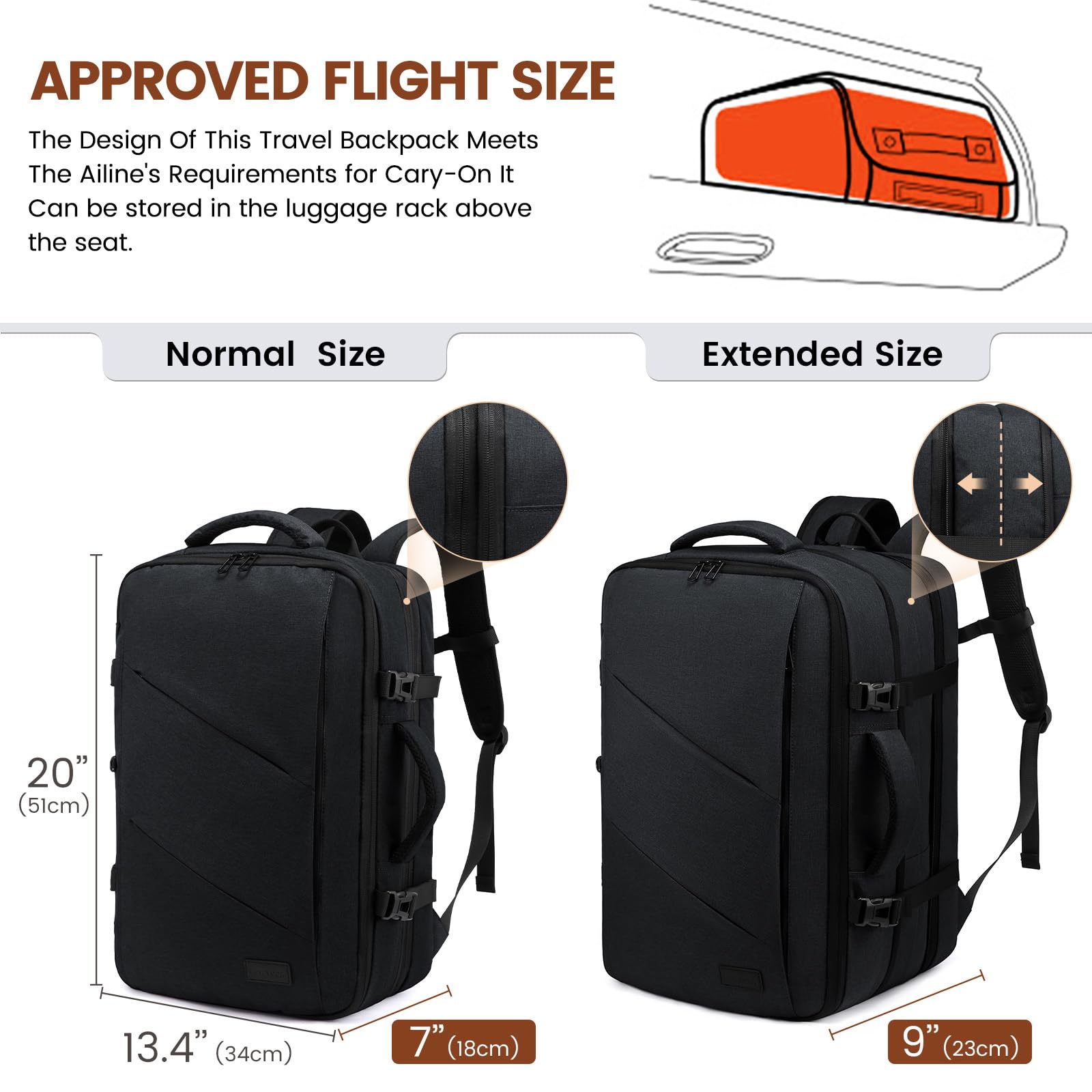 LOVEVOOK Zaino Da Viaggio Borse Da Cabina Per Easyjet Ryanair Bagaglio A Mano Uomo Donna Porta PC 17,3 Pollici 40 Litri Grande Trekking Nero