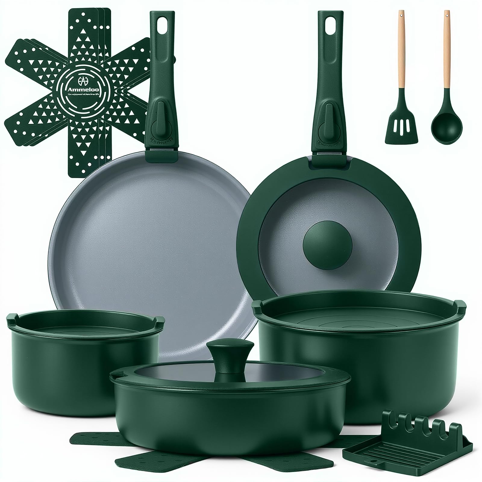 18-Piece Ceramic Pots and Pans Set Non Stick, Non Toxic Cookware Set with Removable Handles, Pot Sets for Cooking, Induction Ready, Dishwasher & Oven Safe, PFAS PFOA & PTFE Free (Hunter Green)