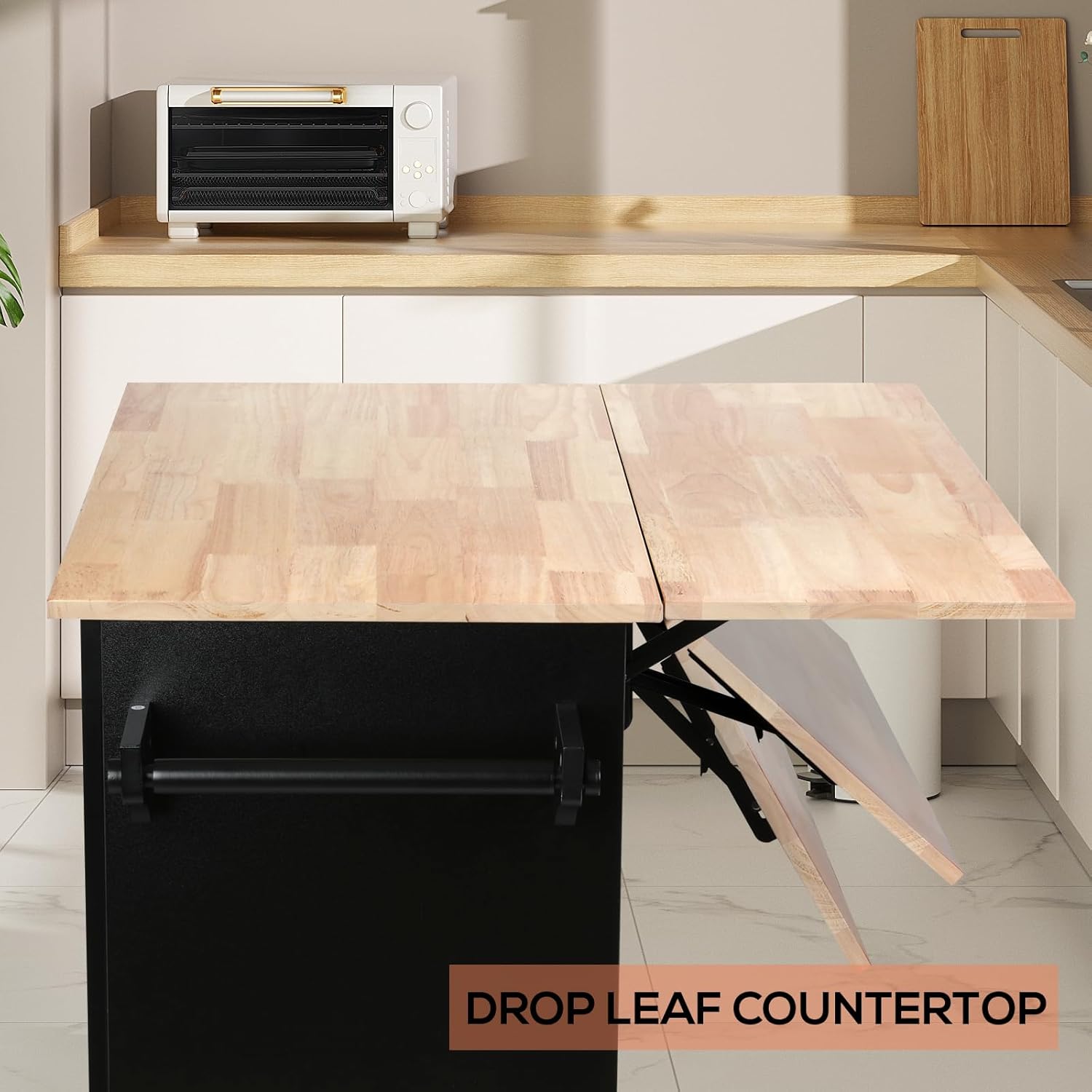 VOWNER 43" W Kitchen Island with Drop Leaf, Rolling Kitchen Island with Drawers, Portable Island Kitchen with Storage, Butcher Block Kitchen Cart with Spice Rack & Towel Rack (Black)