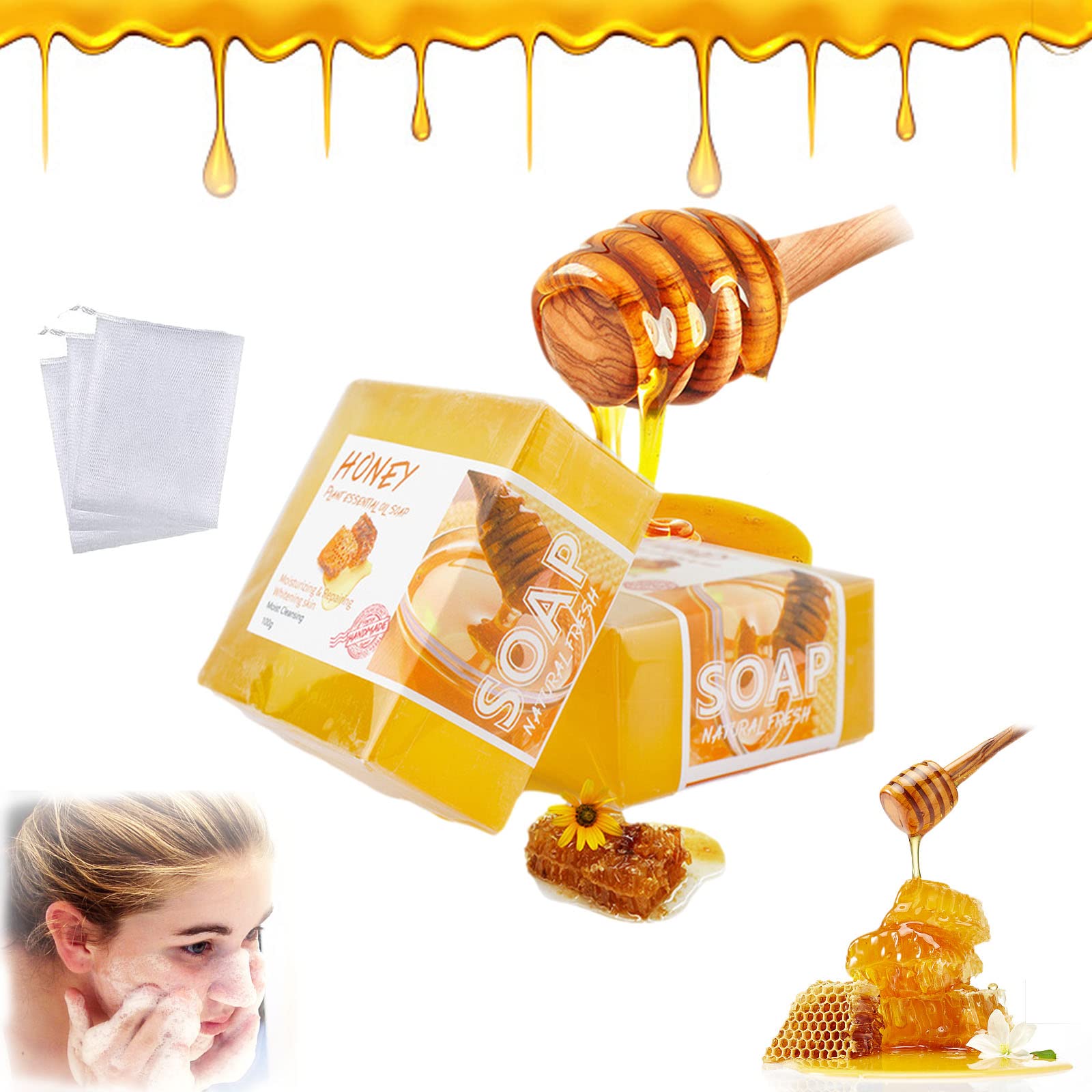 ZHANGZONG Turmeric Honey Soap Bar, Turmeric Honey Soap Bar Lavado Essentials, Tumeric Honey Soap, Acne, Dark Spots, Hyperpigmentation, Smooth Skin, Face and Body Soap for Cleanses Skin (1PC)