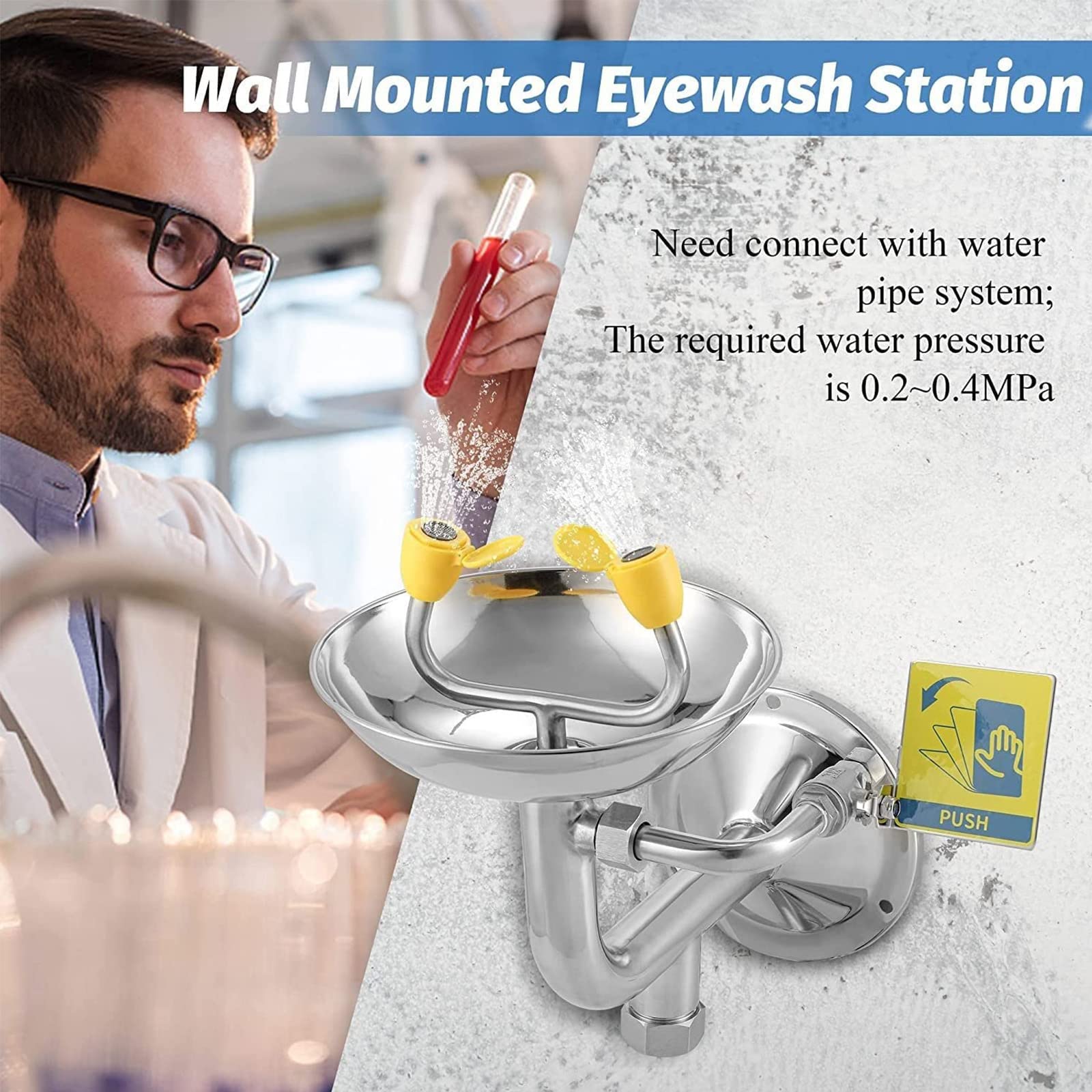 Station de lavage oculaire murale en acier inoxydable 304 – Double têtes de pulvérisation pour usine, école, laboratoire – Unité de lavage oculaire d'urgence