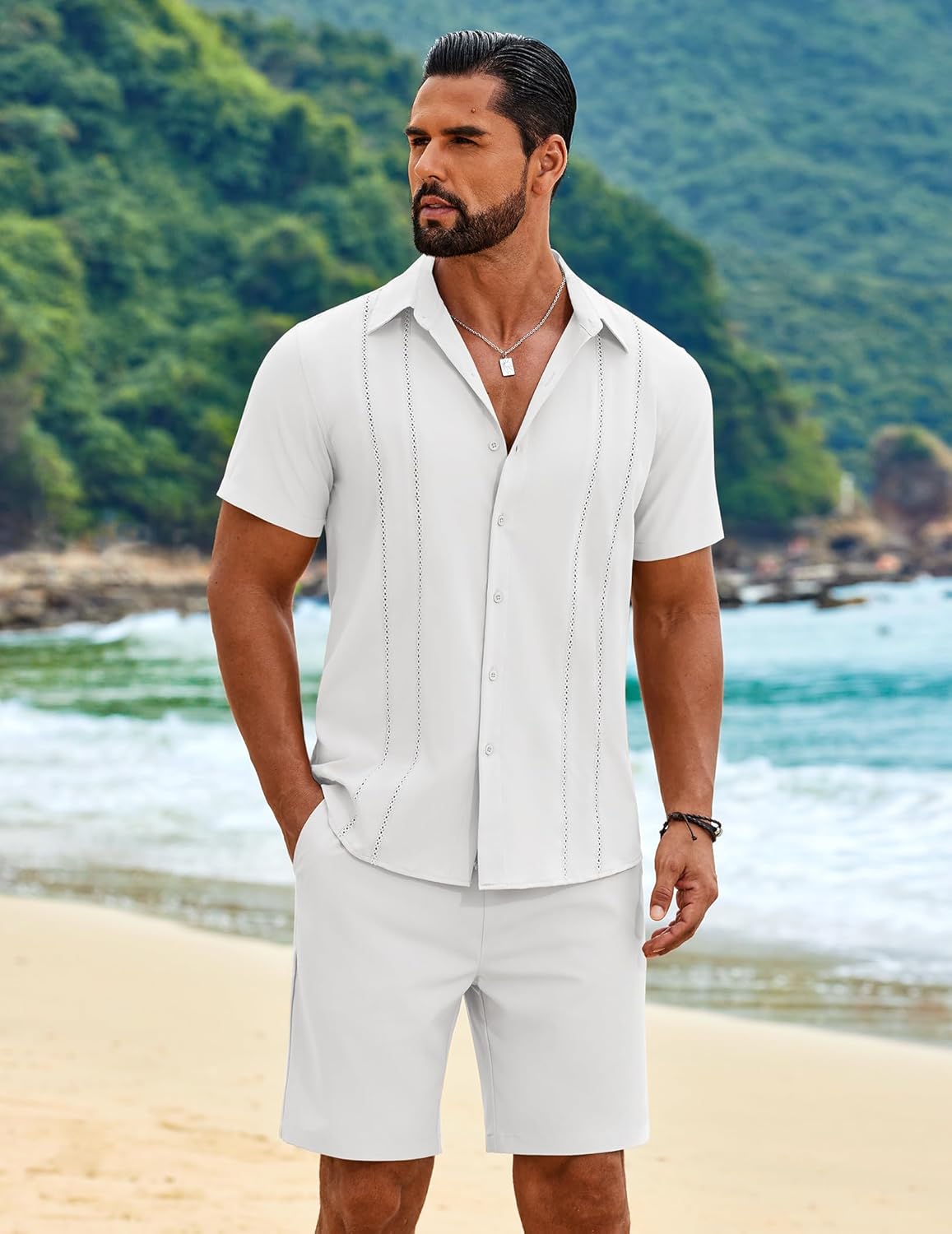 COOFANDY Men's 2 Piece Outfits Cuban Guayabera Short Sleeve Shirts and Shorts Summer Beach Vacation Sets for Men - Image 4