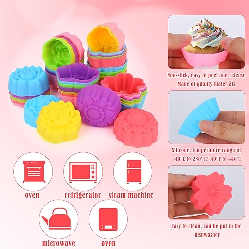 Miniatura 4 de 42 tazas de silicona reutilizables para hornear, 7 estilos de moldes de silicona en forma de flor, antiadherentes, mini fundas para magdalenas y
