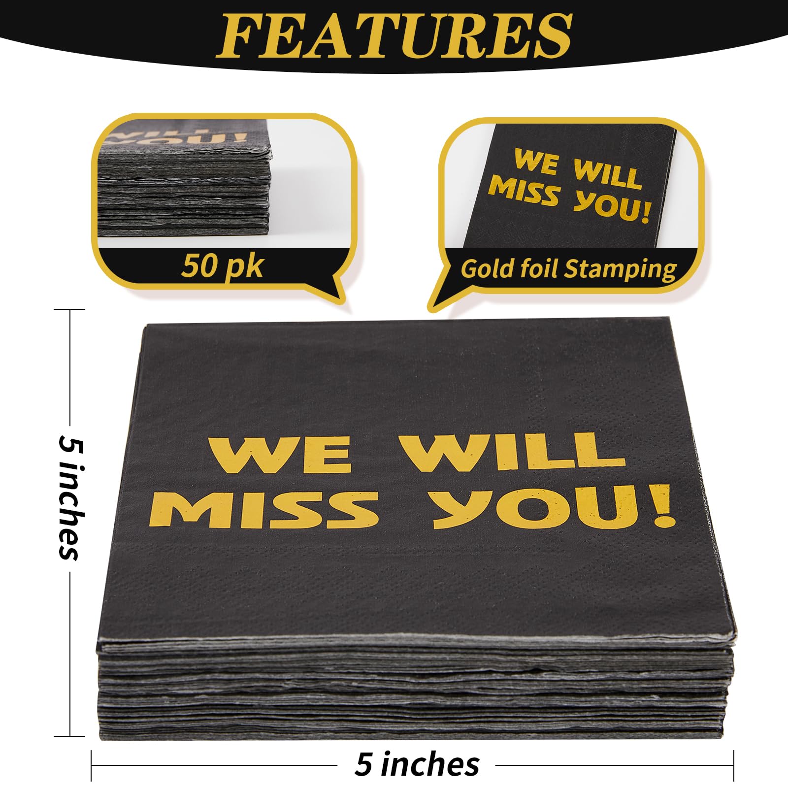 Sllyfo Retirement Party Decorations - 50PK - Retirement Napkins Going Away Party Decorations, 5x5 Inches We Will Miss You Napkins for Farewell Decorations Party Graduation Work Supplie Black and Gold